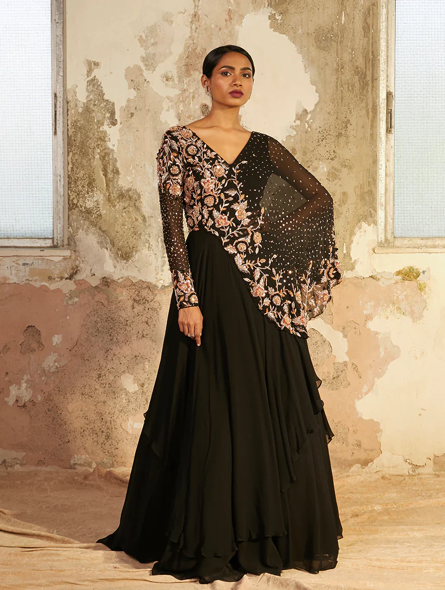 NOIRE - Black Double Layered Cape Gown - Image 3