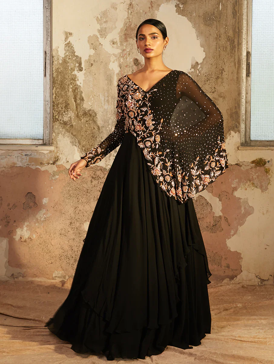 NOIRE - Black Double Layered Cape Gown - Image 4