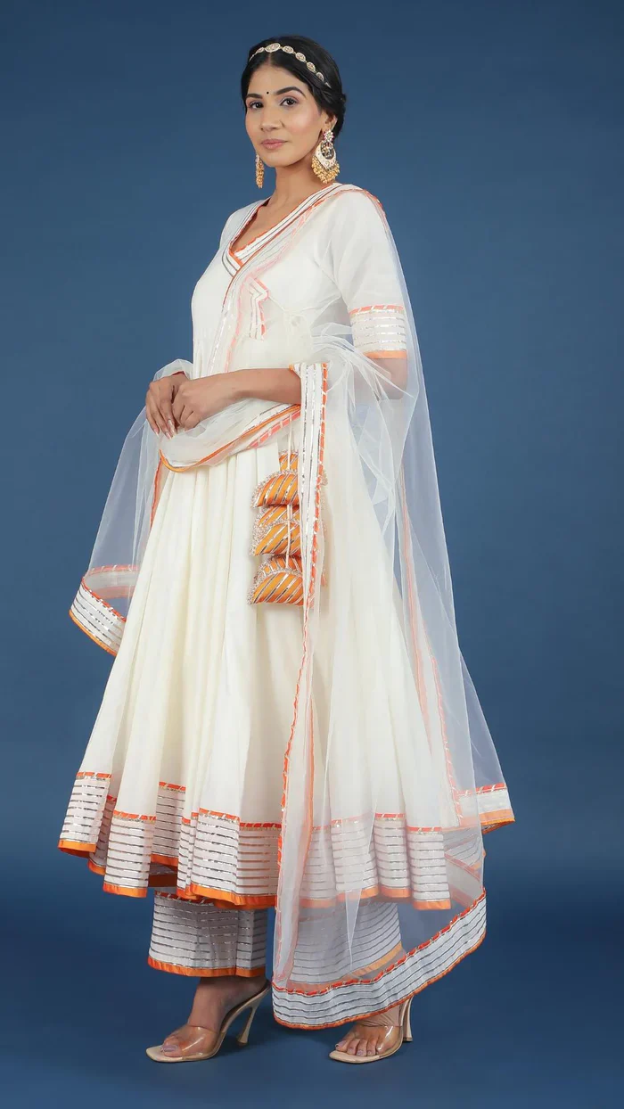 Noor cotton silk off white anarkali set with potli