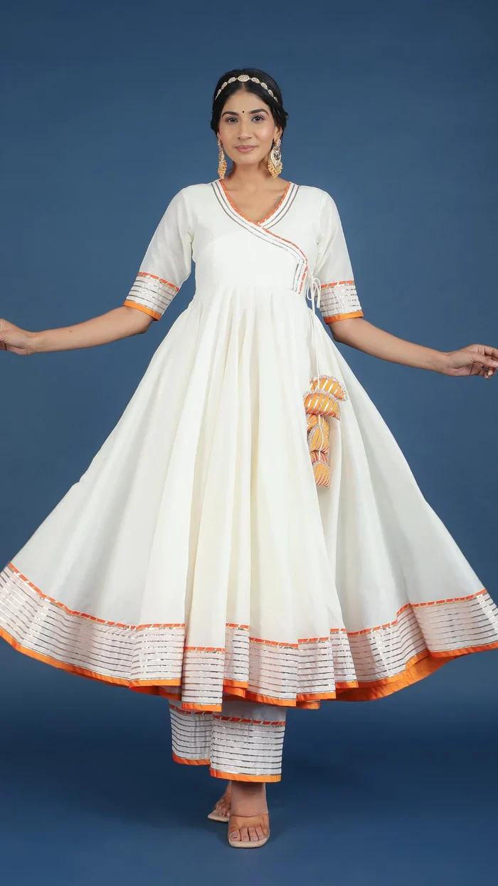 Noor cotton silk off white anarkali set with potli - Image 5