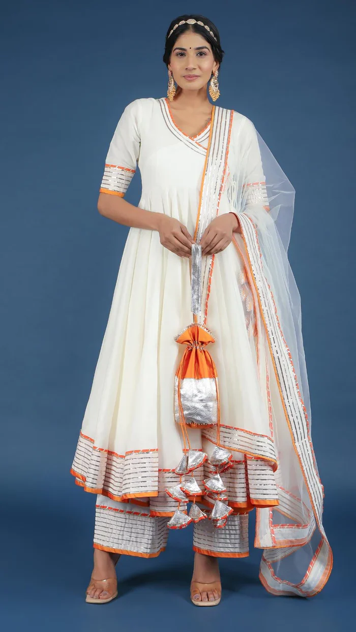 Noor cotton silk off white anarkali set with potli - Image 6