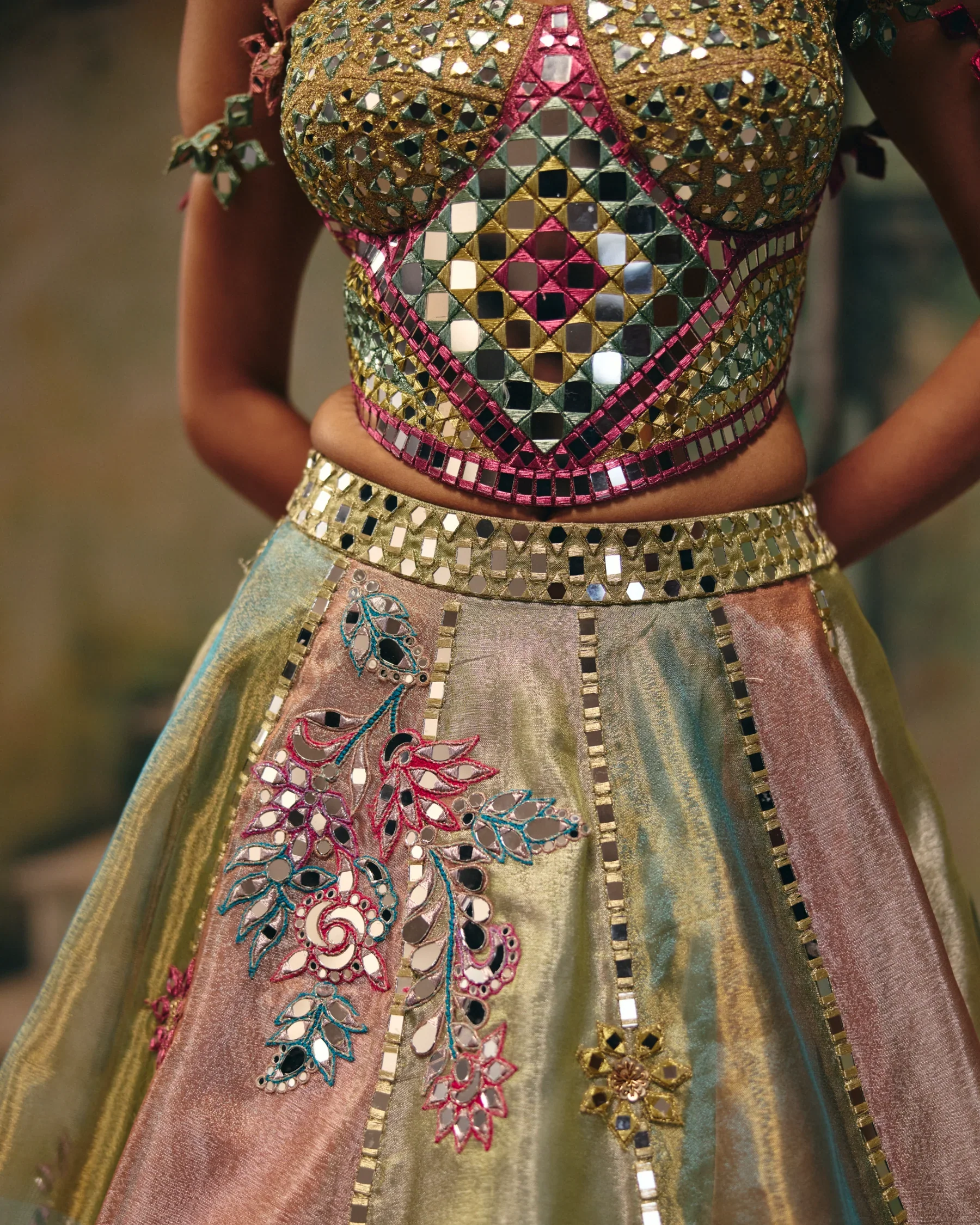 Noorani - Multicoloured Mirror Embroidered Lehenga Set - Image 6