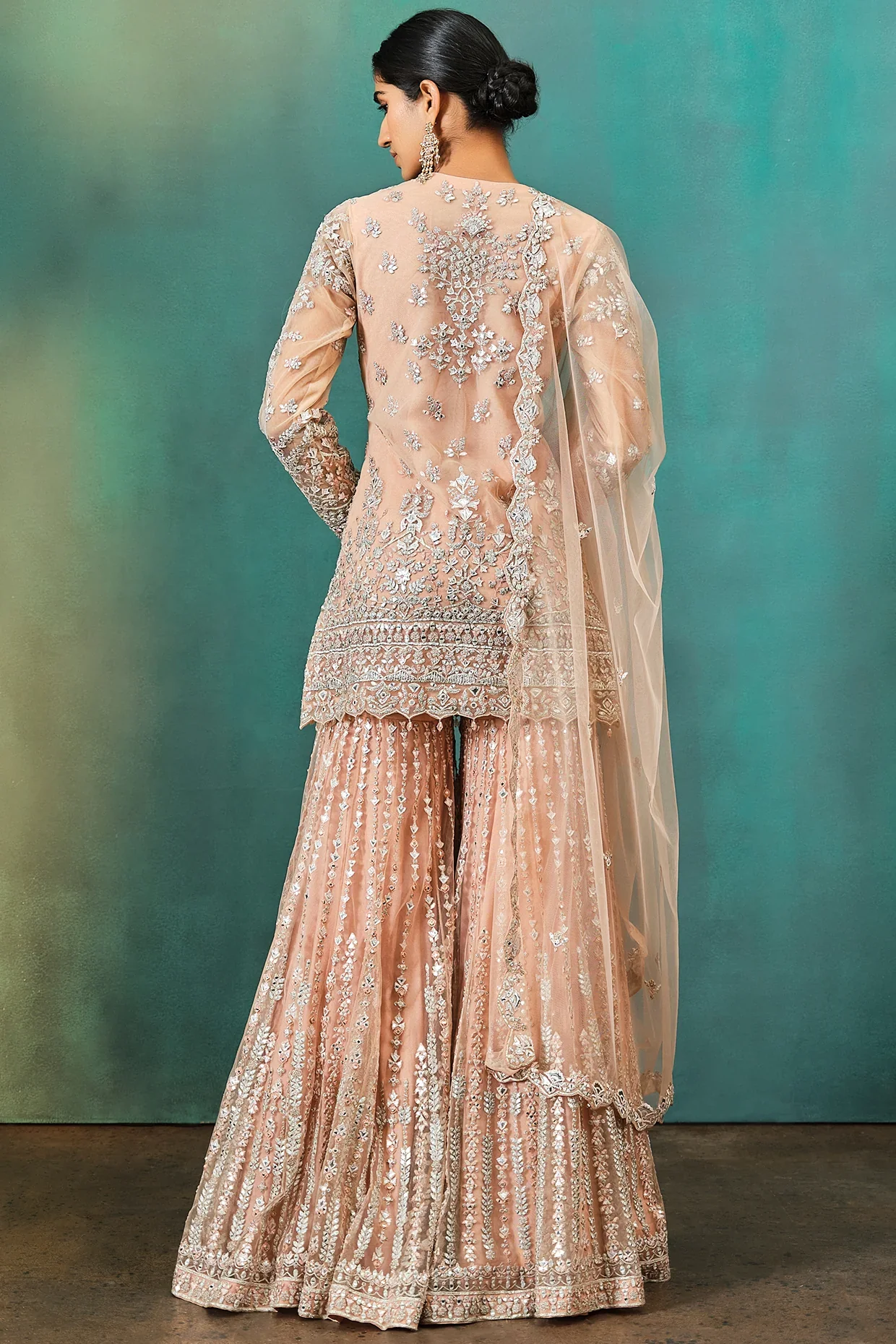 Nude Foil Applique Net Kurta Sharara - Image 4
