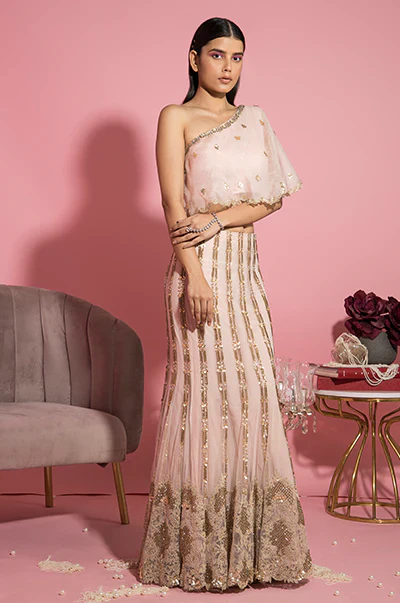Nude Pink Mermaid Lehenga And One Shoulder Cape Top