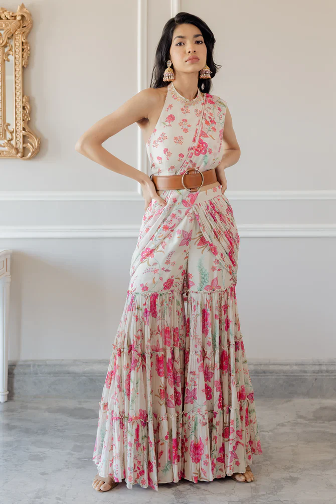 Off white bird printed sharara set