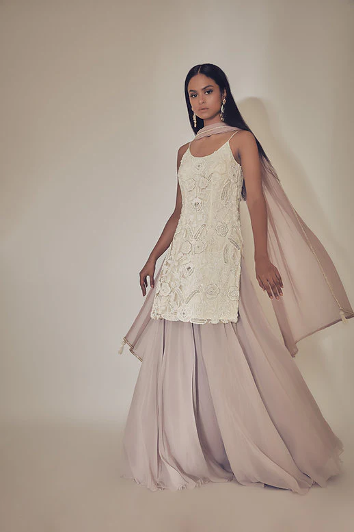 Off White Kurti With Lilac Lehnga And Chiffon Dupatta