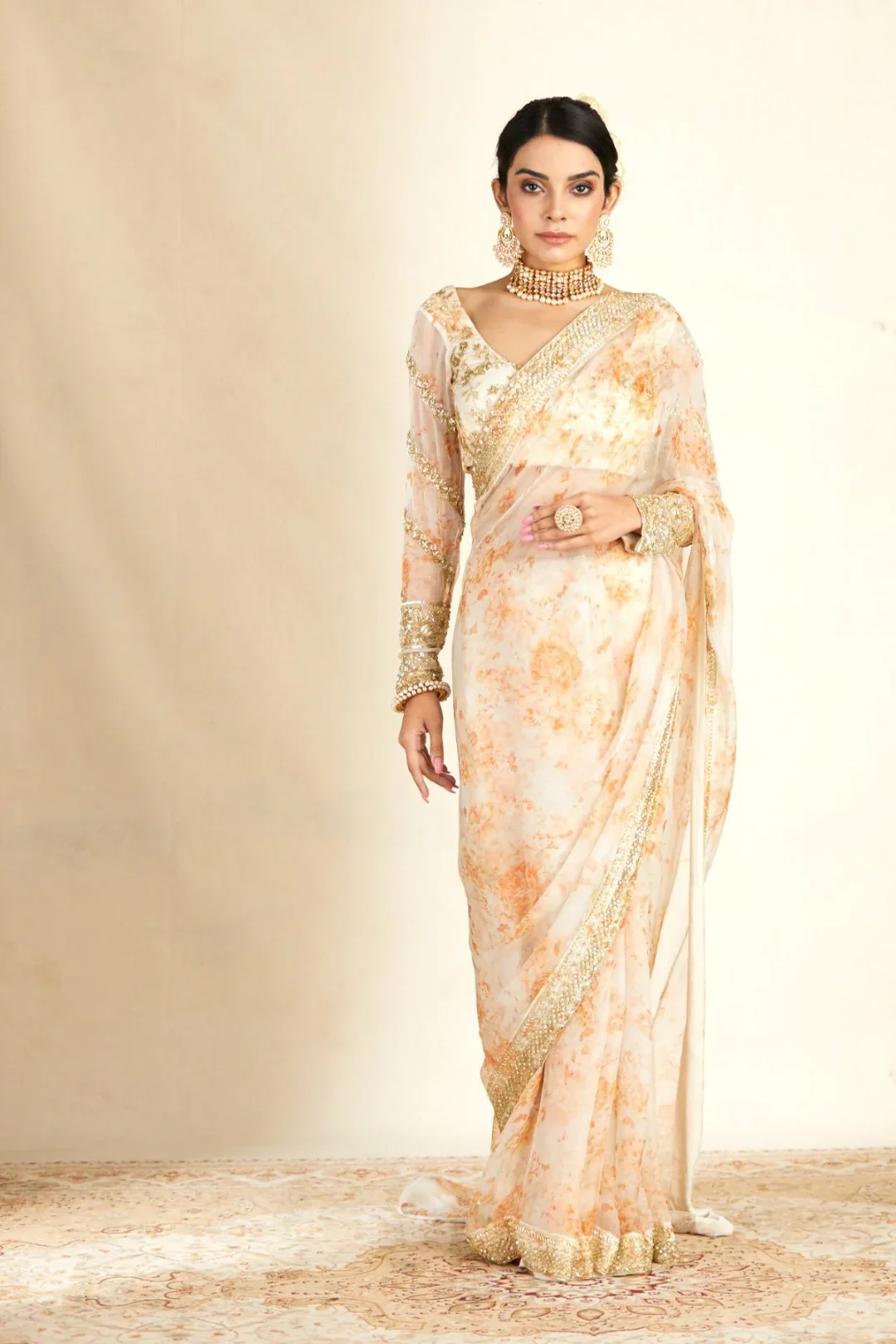 Off White Organza Saree With Organza Embellished Blouse