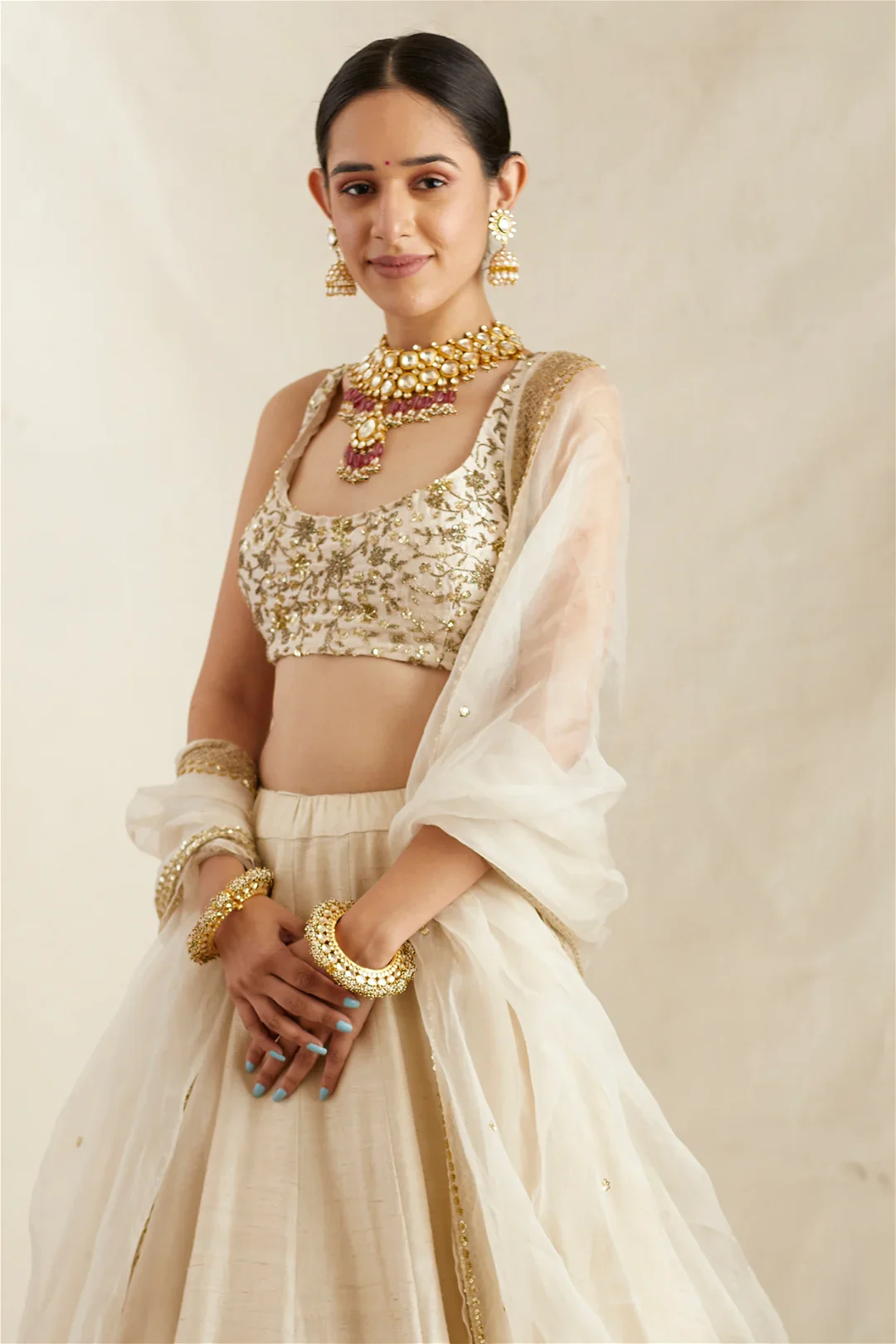 Off White Raw Silk Border Lehenga Set - Image 3