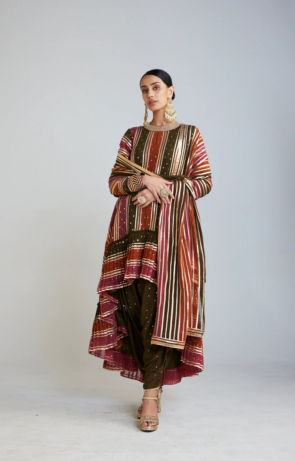 Olive Green Asymmetrical Kurta Dhoti Set - Image 2