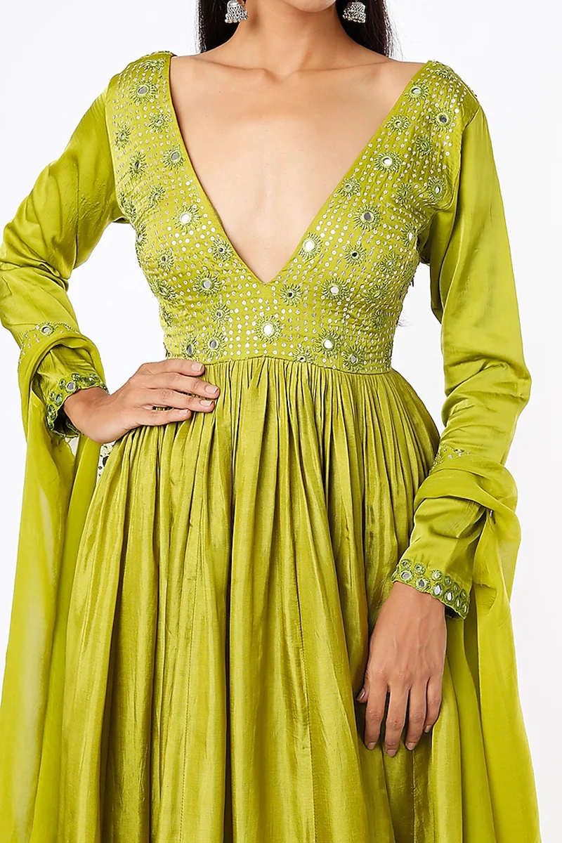 Olive Green Embroidered Anarkali Set - Image 3