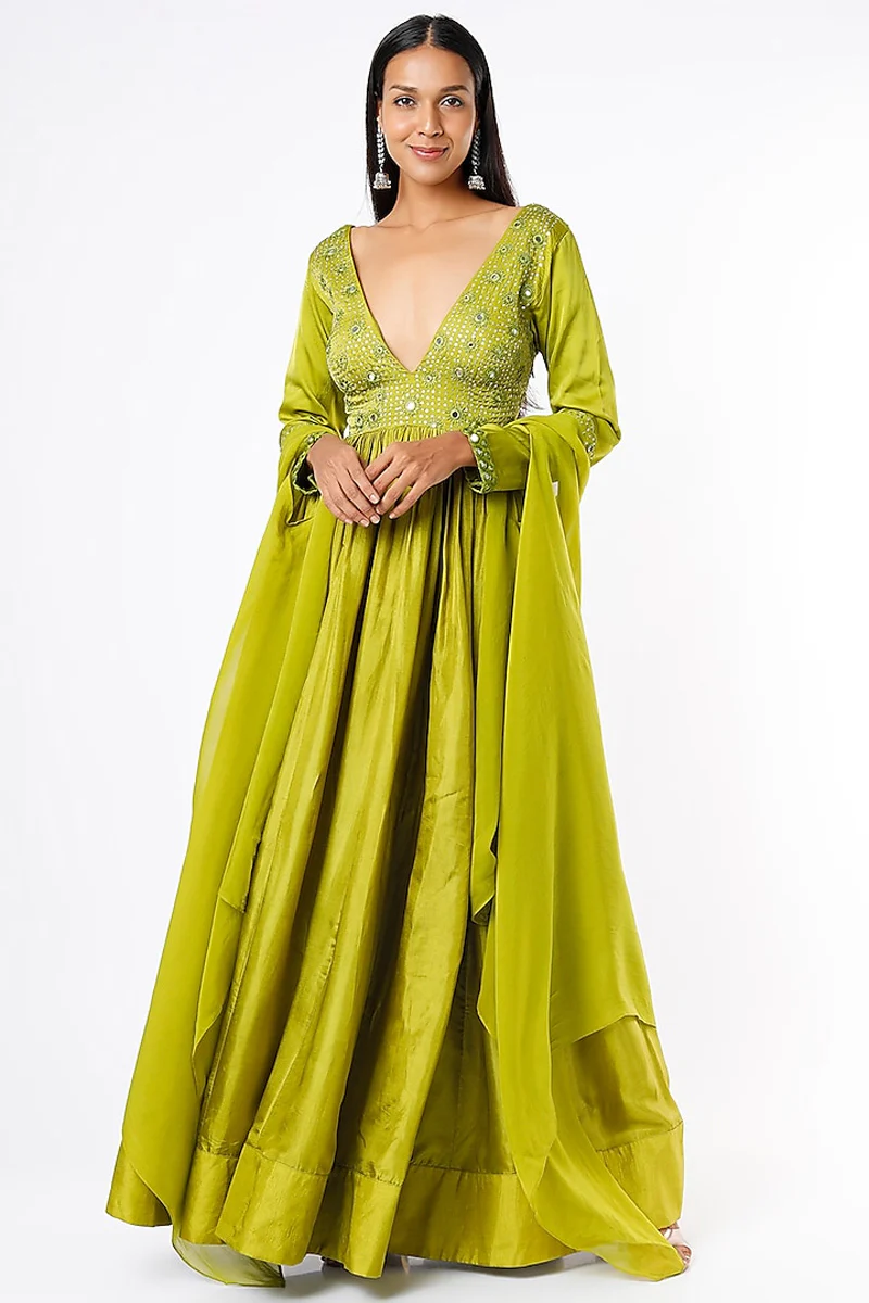 Olive Green Embroidered Anarkali Set - Image 4