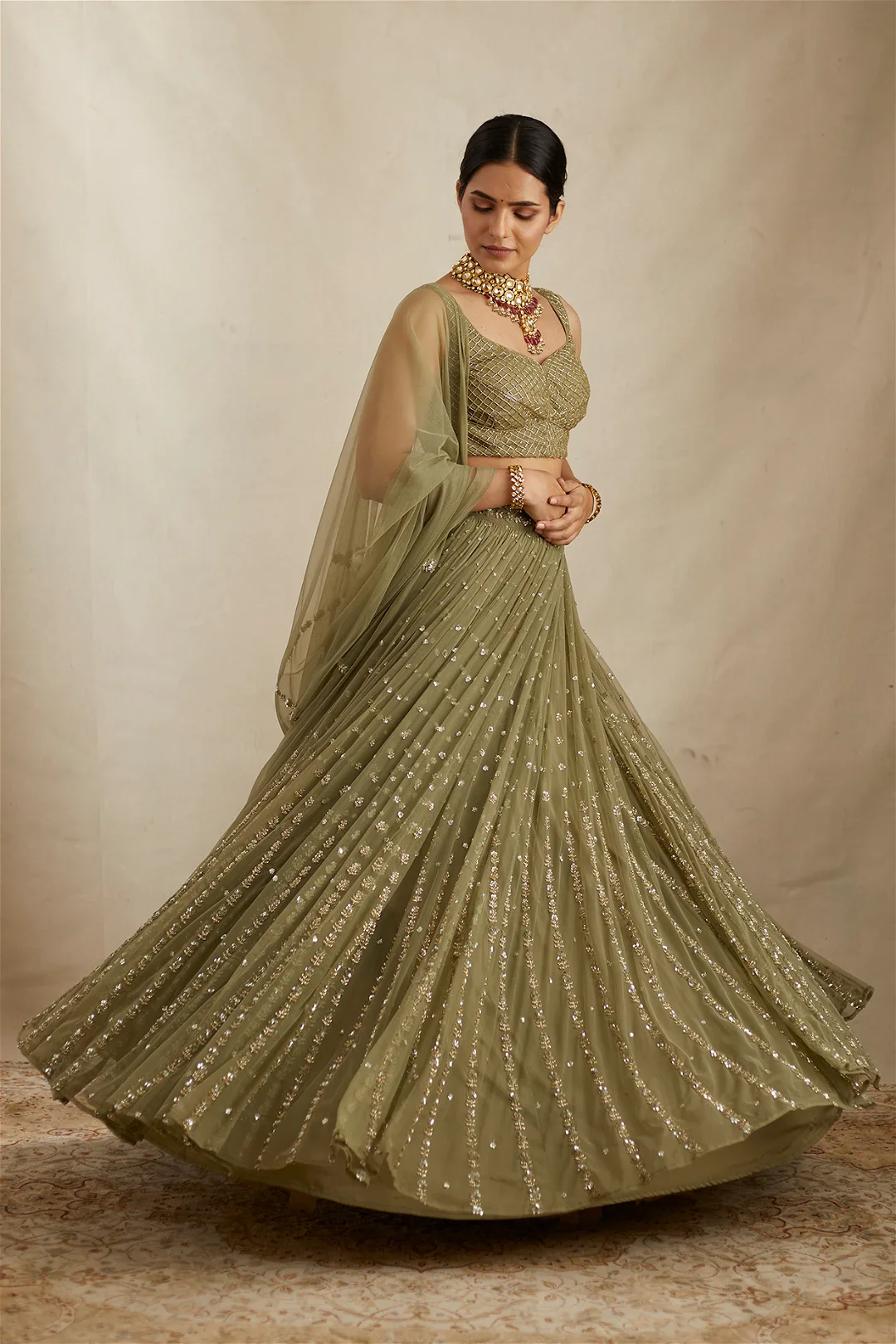 Olive Green Flare Lehenga Set - Image 4