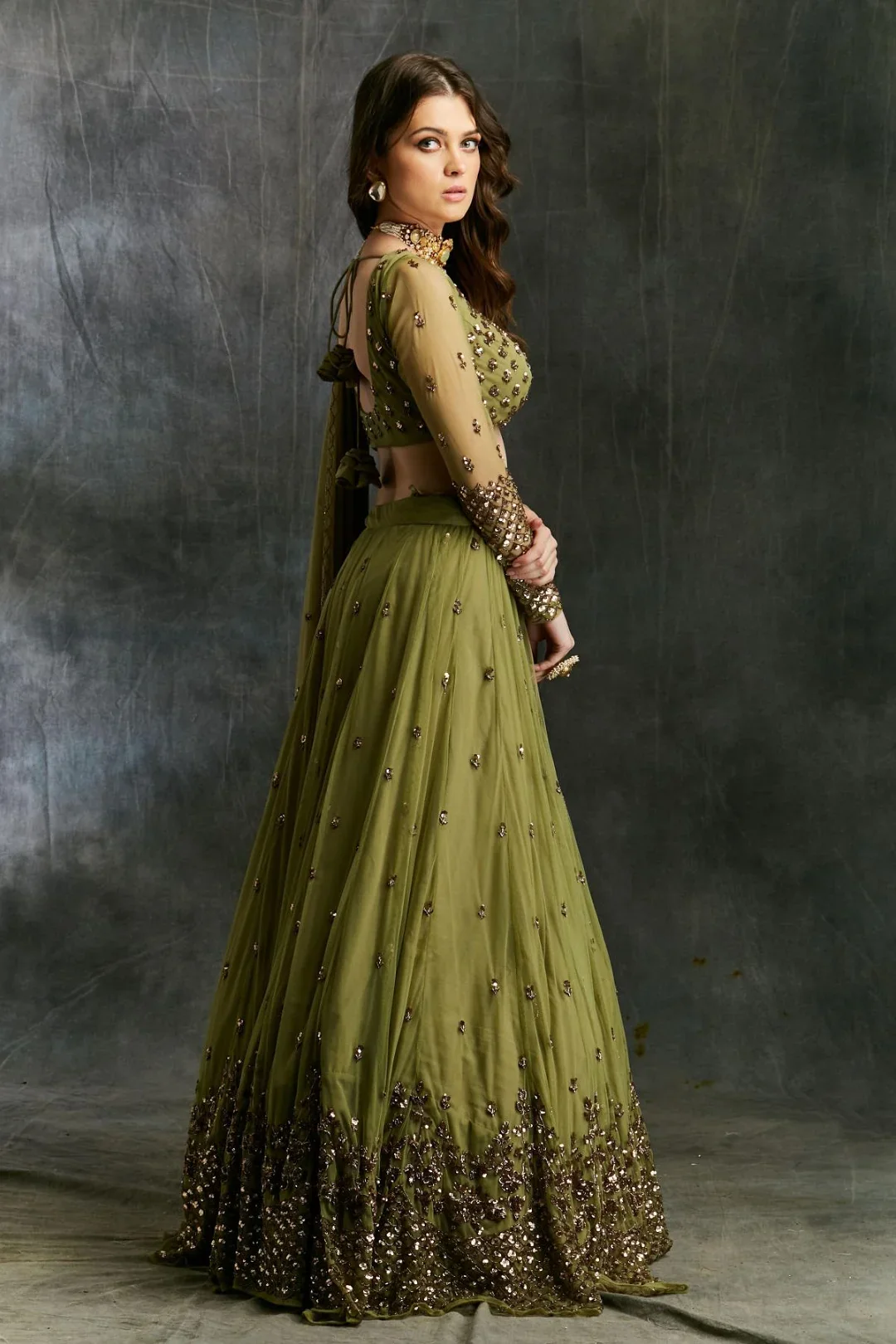 Olive Green Lehenga With Dupatta And Belt - Image 2