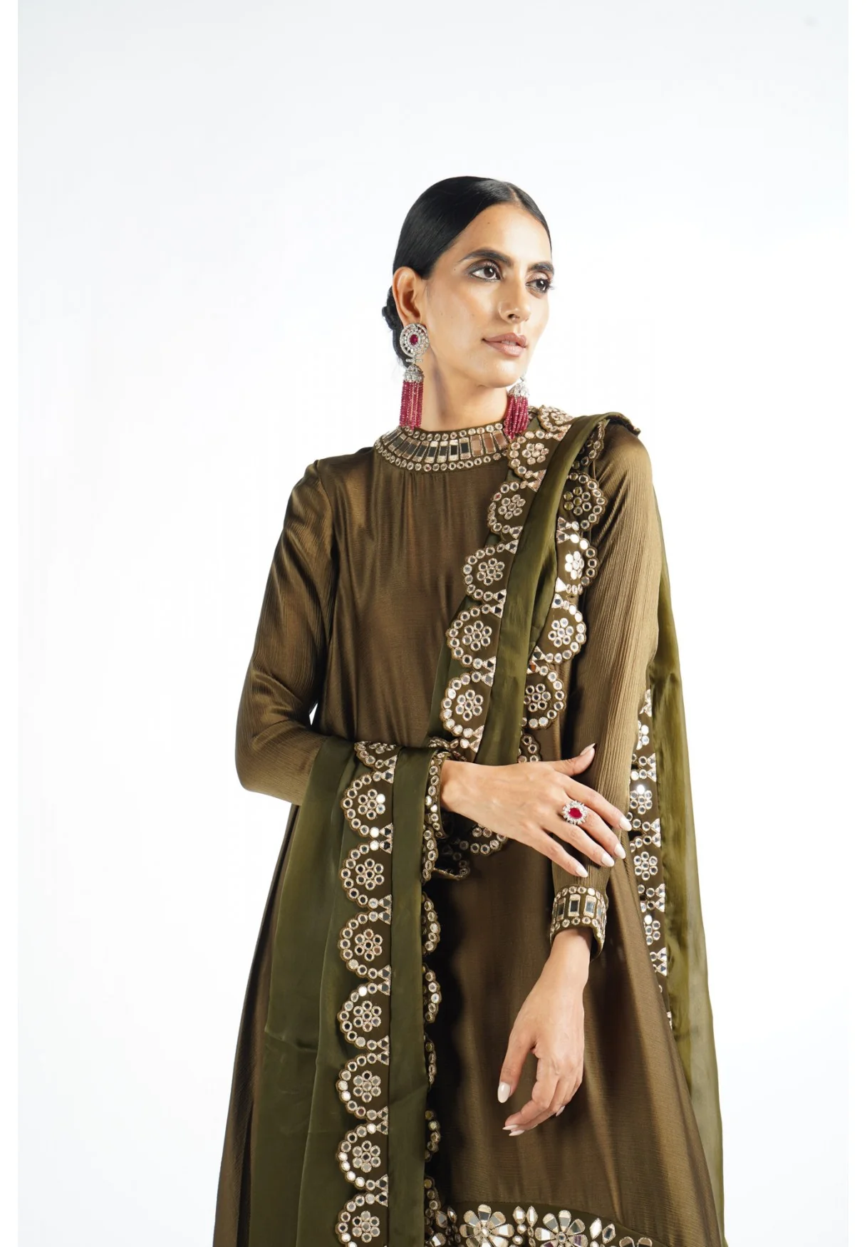 Olive Green Mirror Scallop Pant Kurta Set - Image 4
