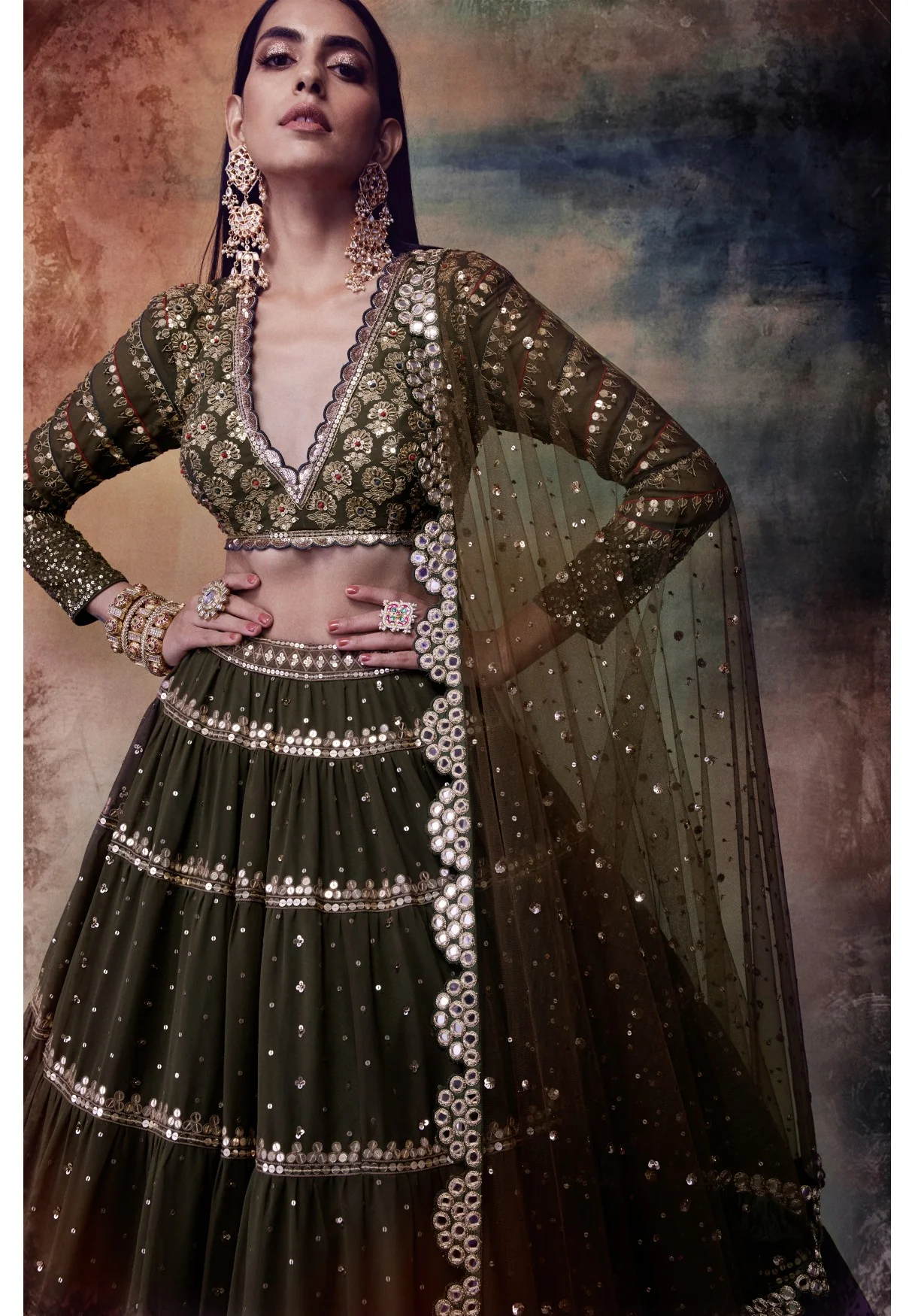 Olive Green Tier Lehenga Set - Image 3