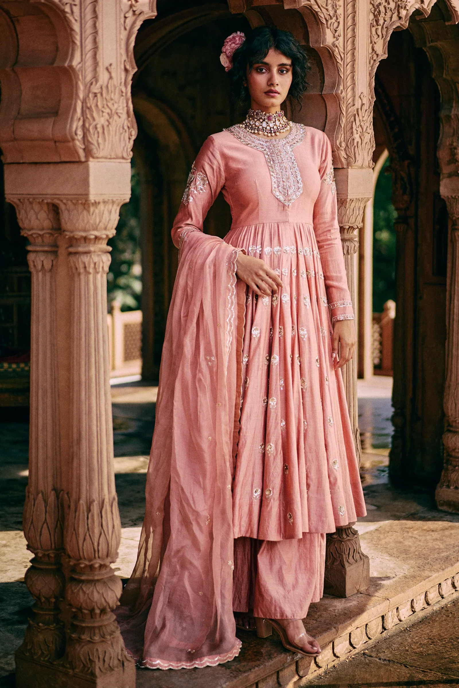 Onion Pink Anarkali With Intricate Hand-Embroidery in All–Over Florals