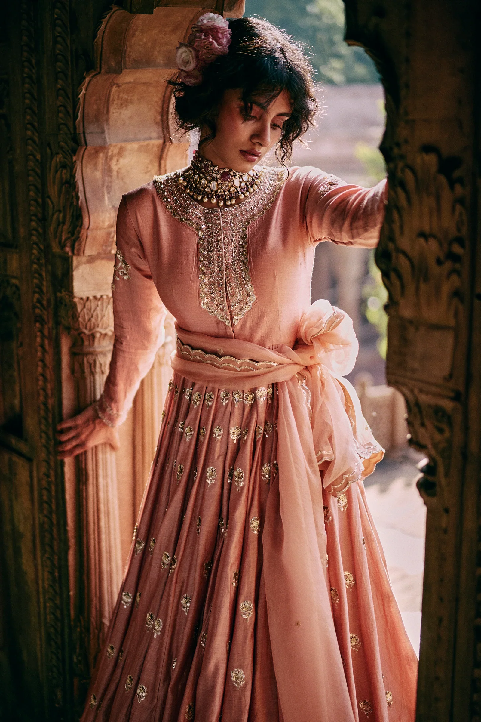 Onion Pink Anarkali With Intricate Hand-Embroidery in All–Over Florals - Image 2
