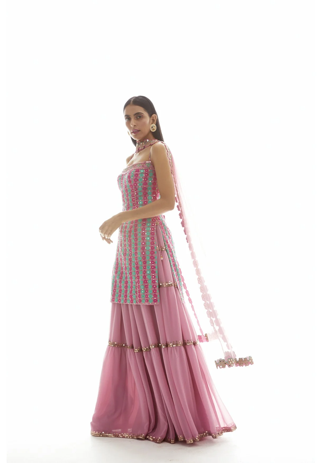 Onion Pink Applique Kurta Sharara Set - Image 3