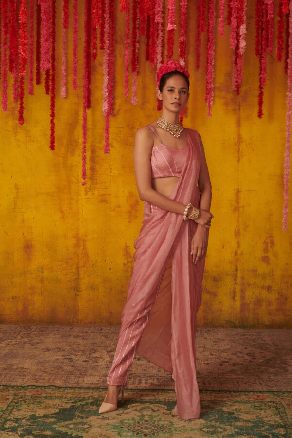 Onion Pink Pant Saree Set - Image 4