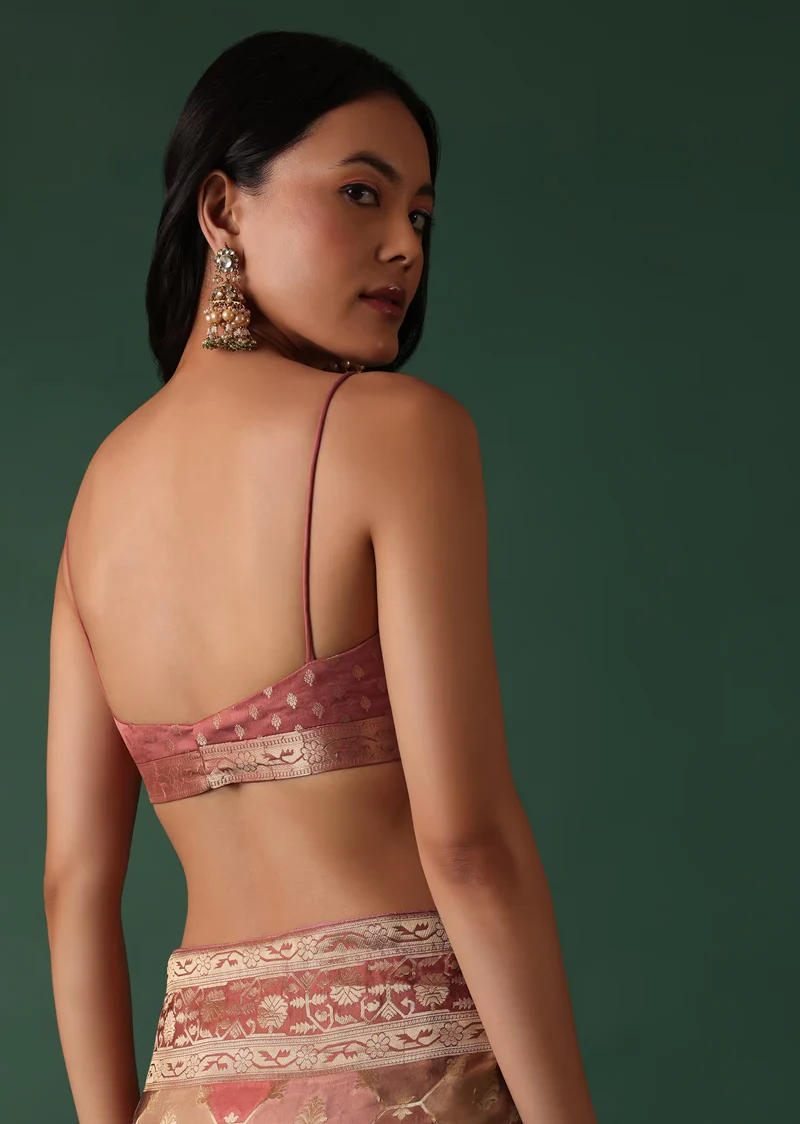 Onion Pink Printed Saree And Blouse Set With Jacket In Banarasi Silk - Image 3