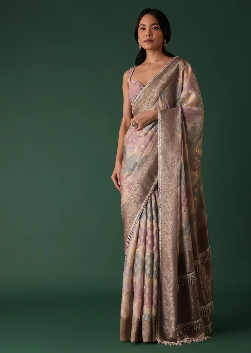 Onion Pink Printed Saree With Blouse In Banarasi Silk