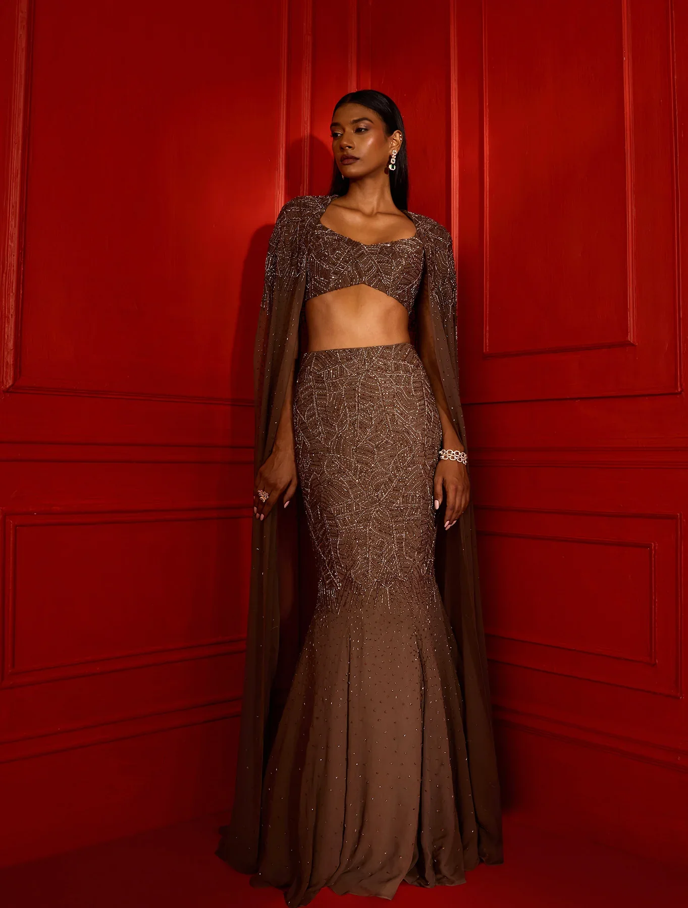 OPHELIA - Military Brown Fishtail Skirt Embelished With Geometric Leaf - Image 3