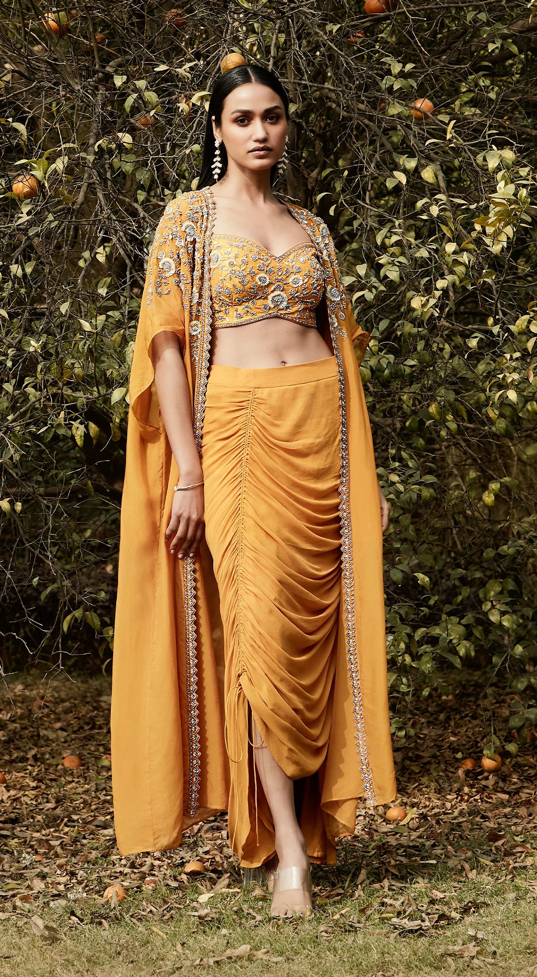 Orange Draped Dhoti & Cape Set - Image 3