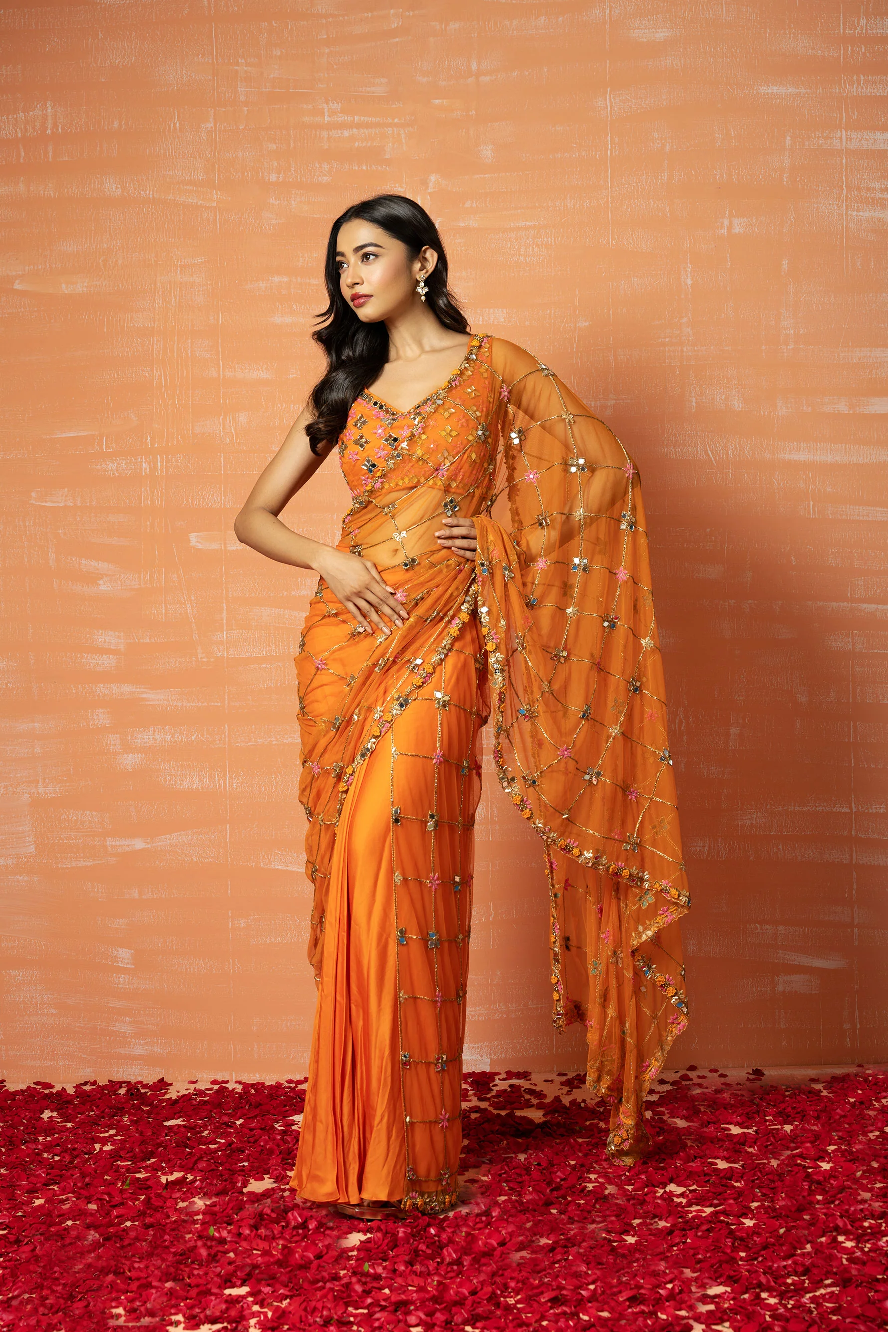 Orange Embroidered Pre-Stitched Saree Set