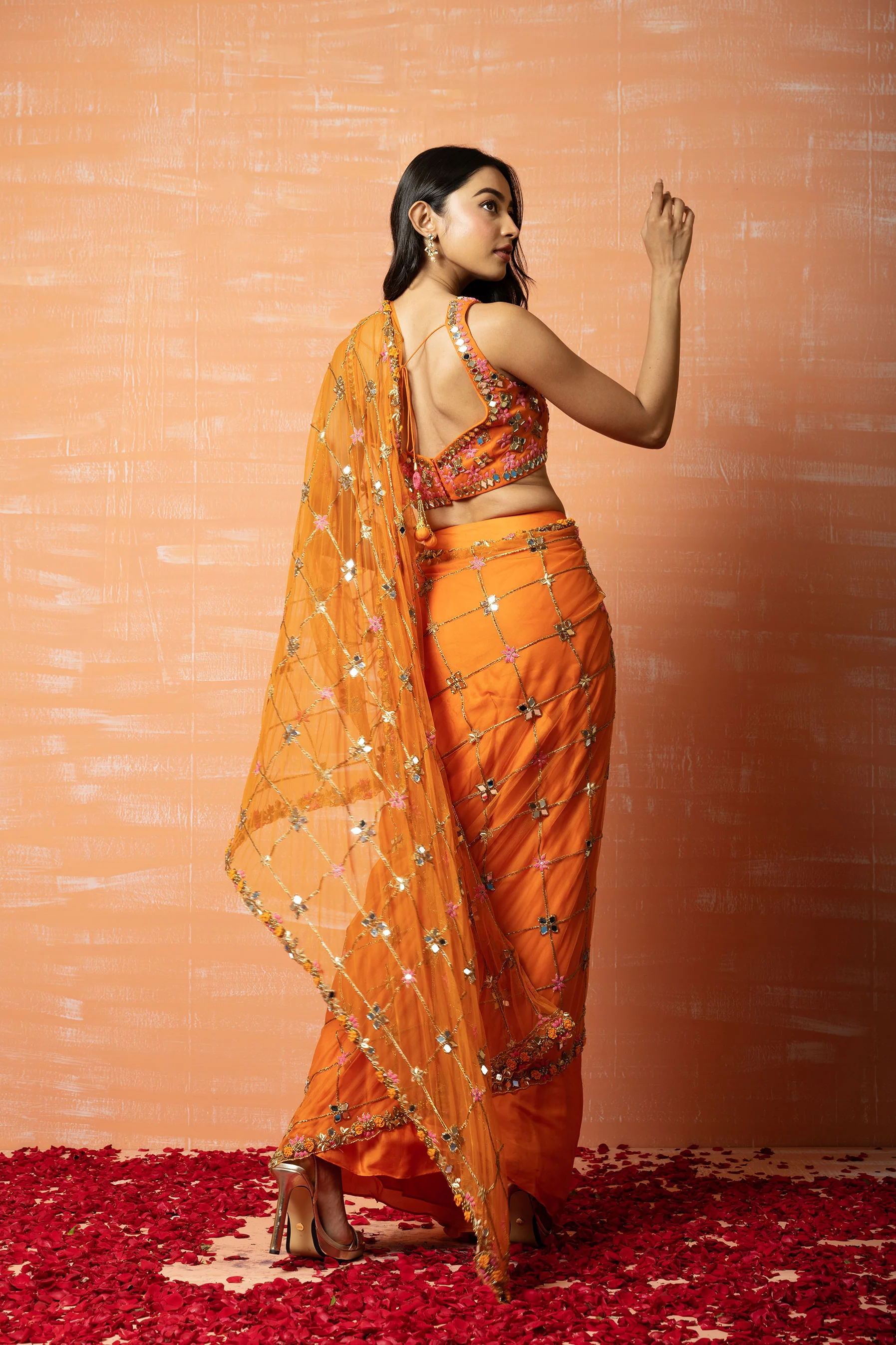 Orange Embroidered Pre-Stitched Saree Set - Image 2