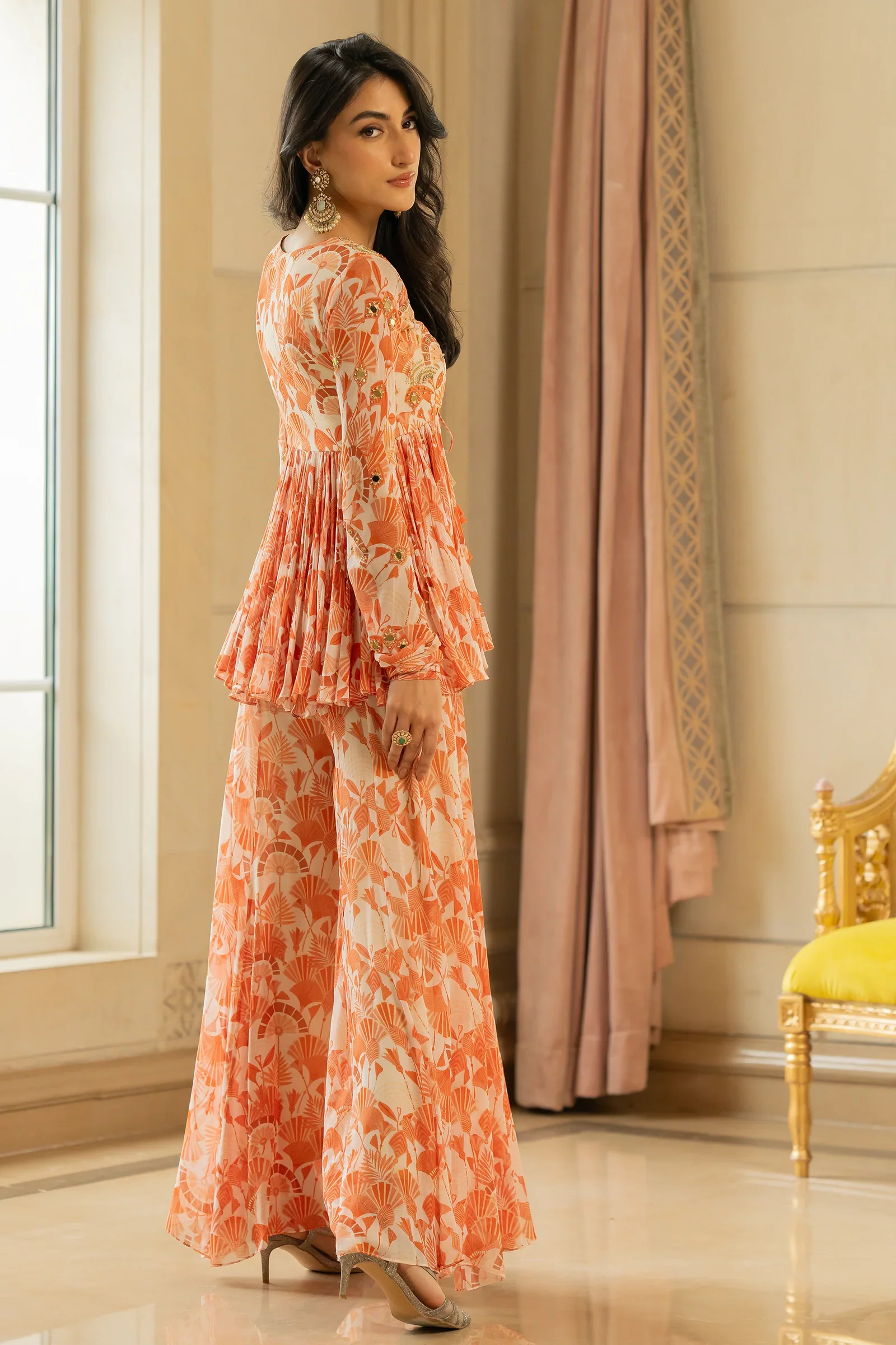 Orange Geometric Floral Printed Peplum Set - Image 2