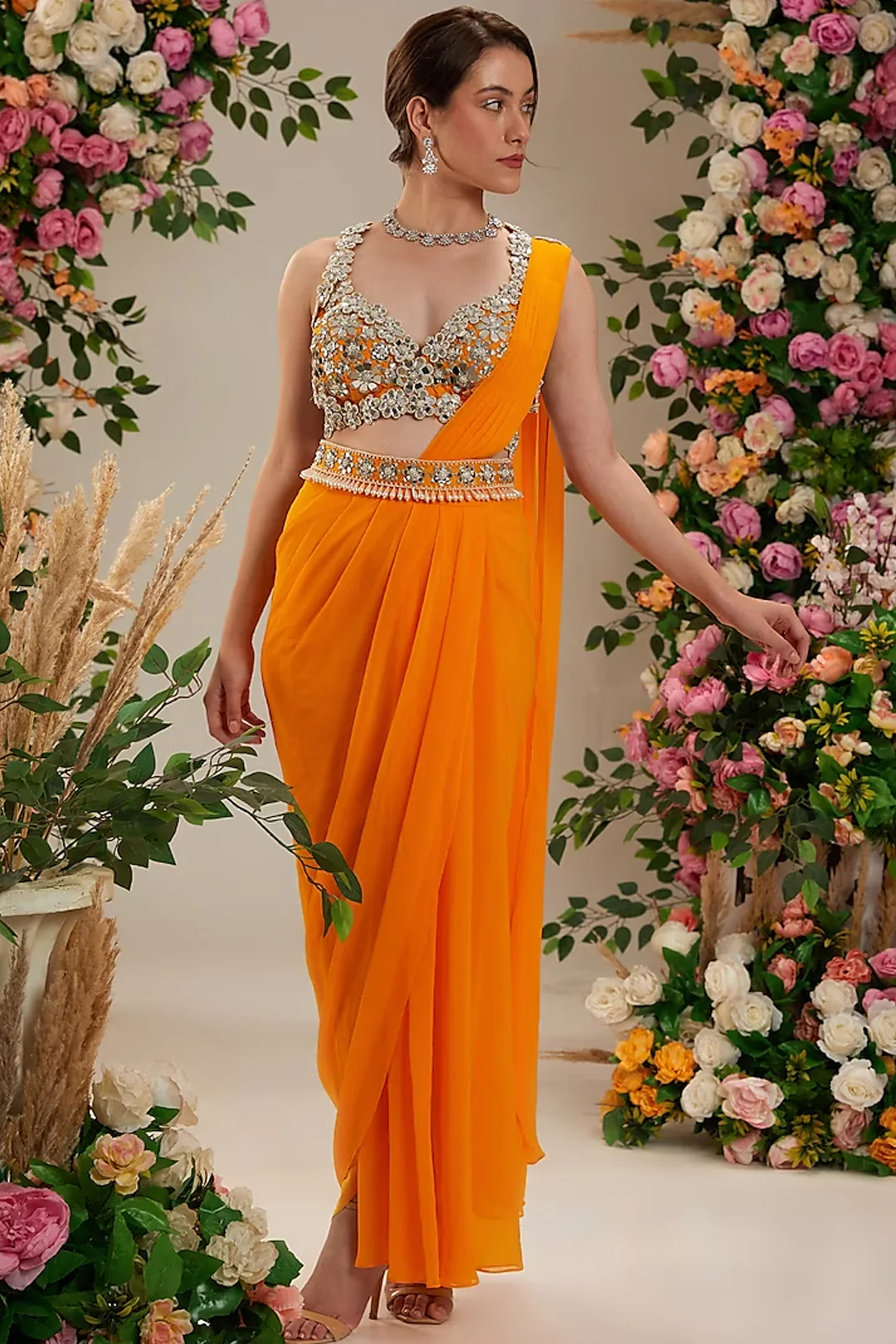 Orange Georgette Draped Saree Set