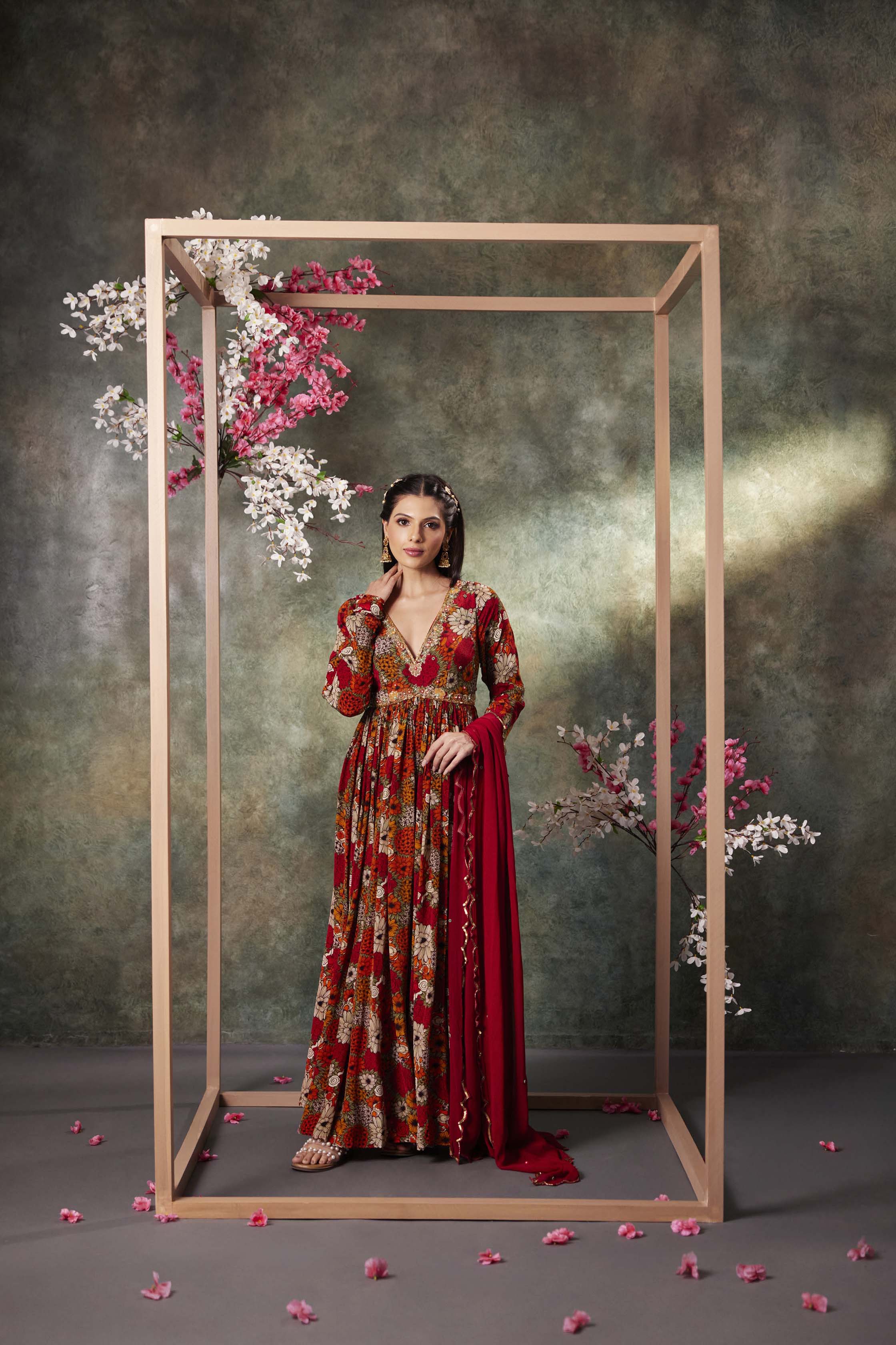 Orange Printed Anarkali And Dupatta Set With Embroidery