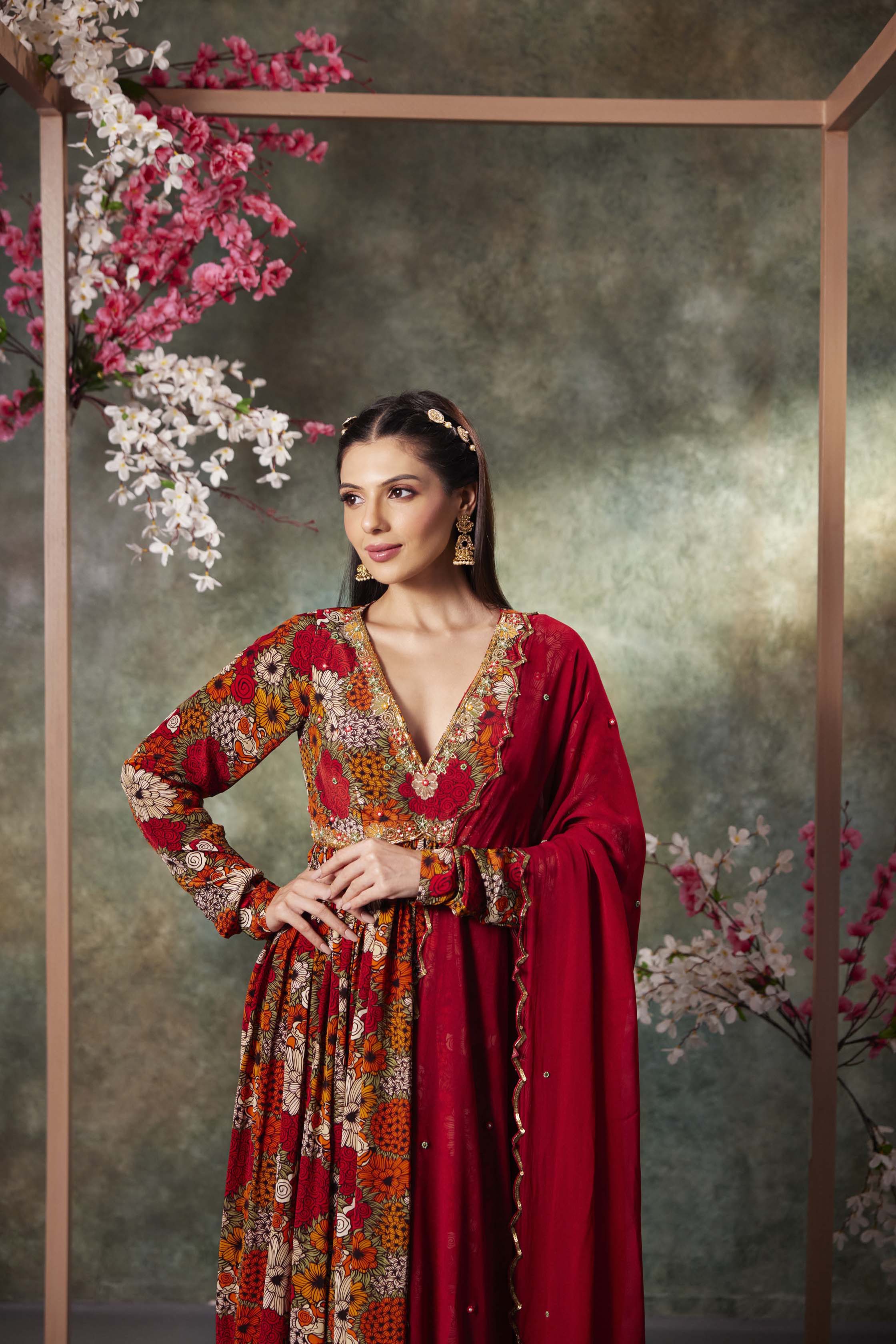 Orange Printed Anarkali And Dupatta Set With Embroidery - Image 2