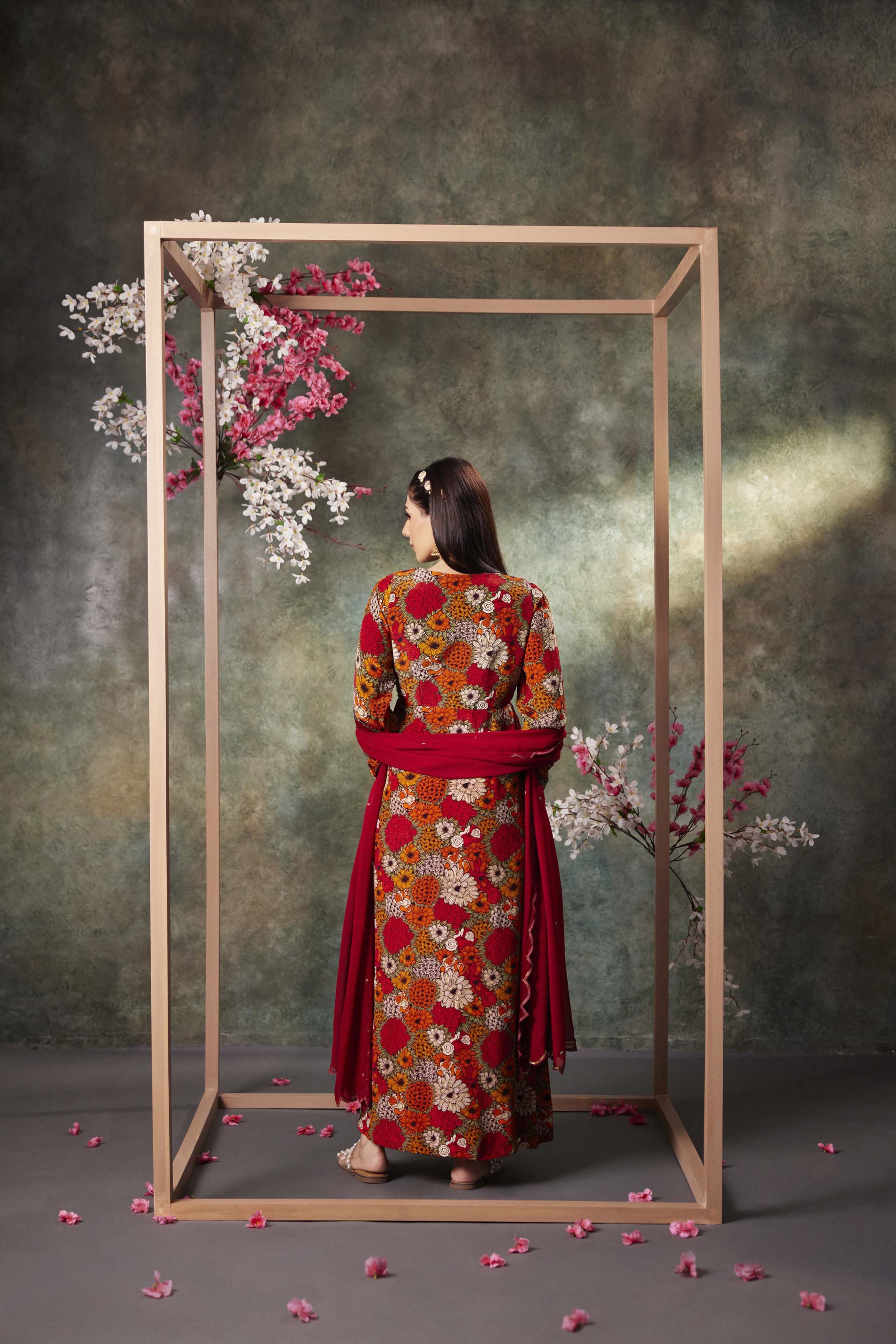 Orange Printed Anarkali And Dupatta Set With Embroidery - Image 3