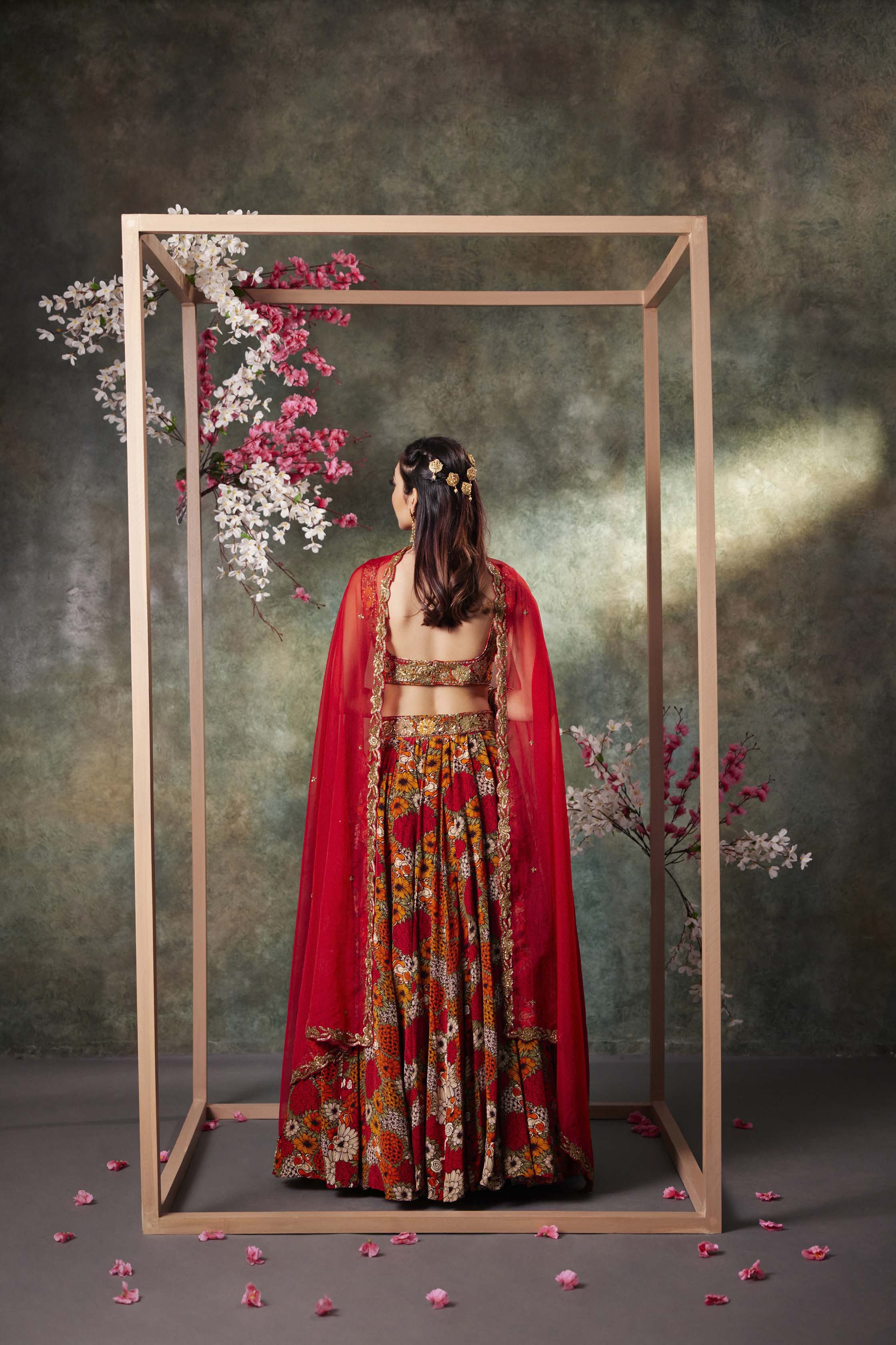 Orange Printed Choli, Lehenga And Dupatta Set With Embroidery - Image 2