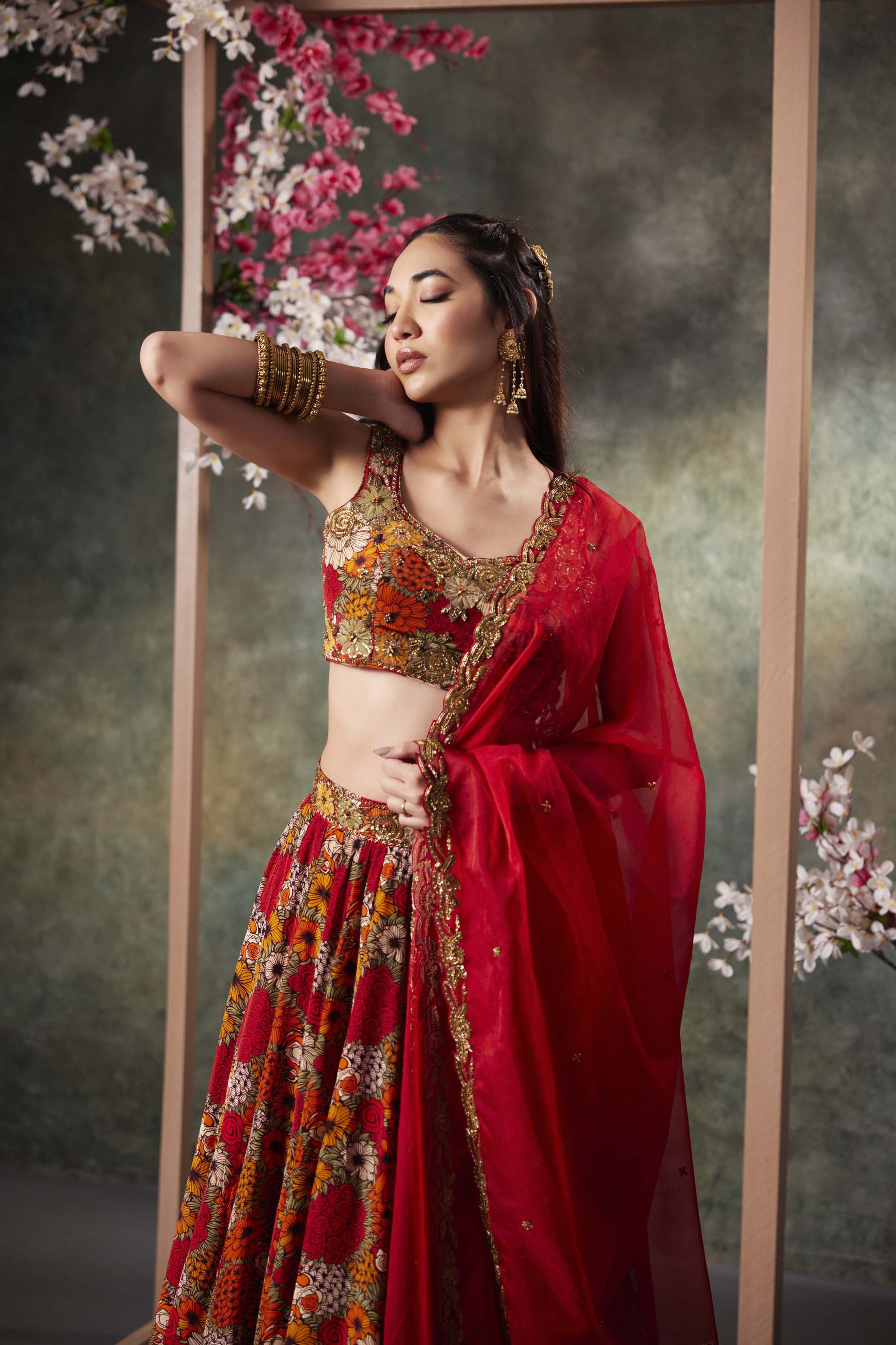 Orange Printed Choli, Lehenga And Dupatta Set With Embroidery - Image 3