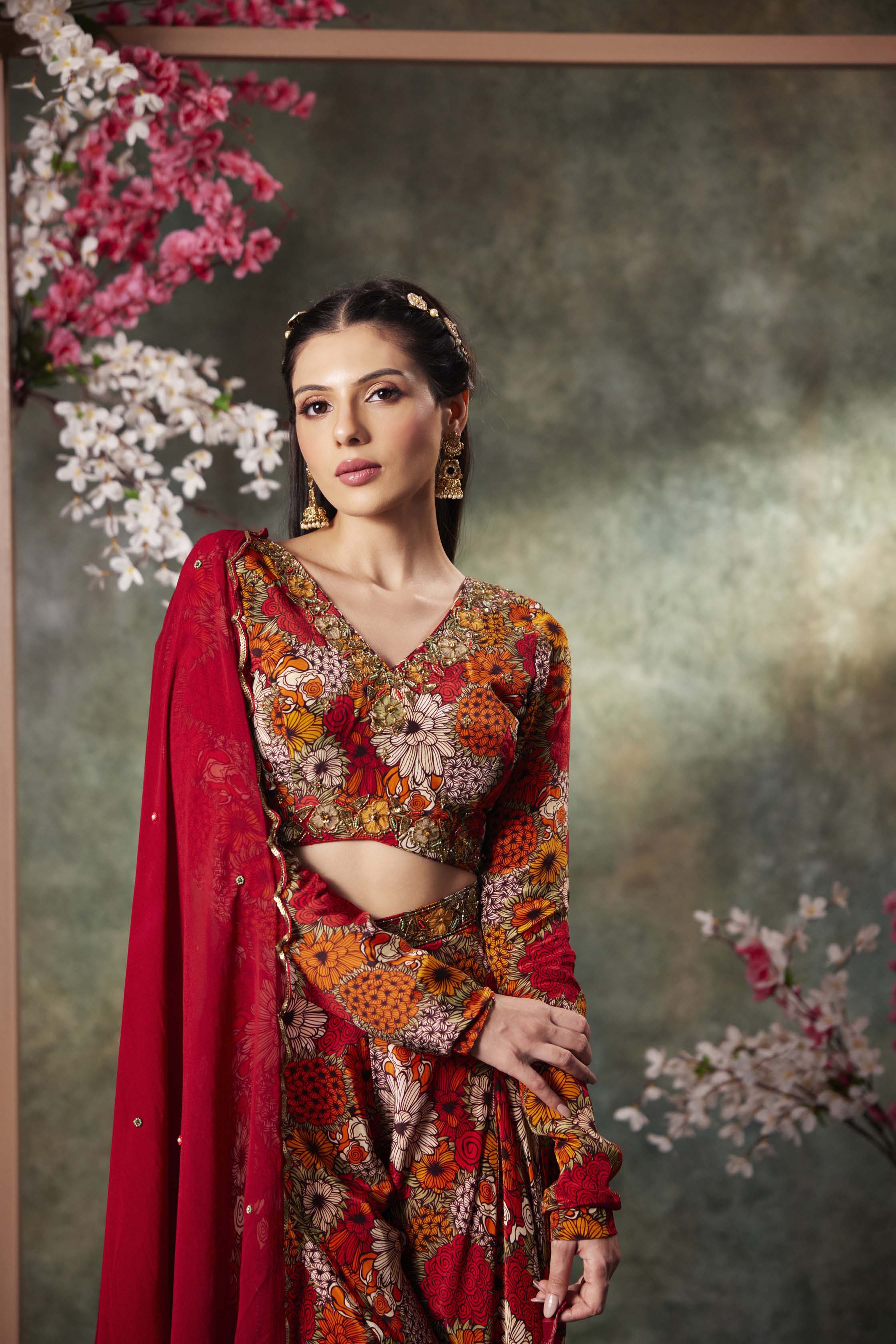 Orange Printed Choli, Pants And Dupatta Set With Embroidery - Image 2