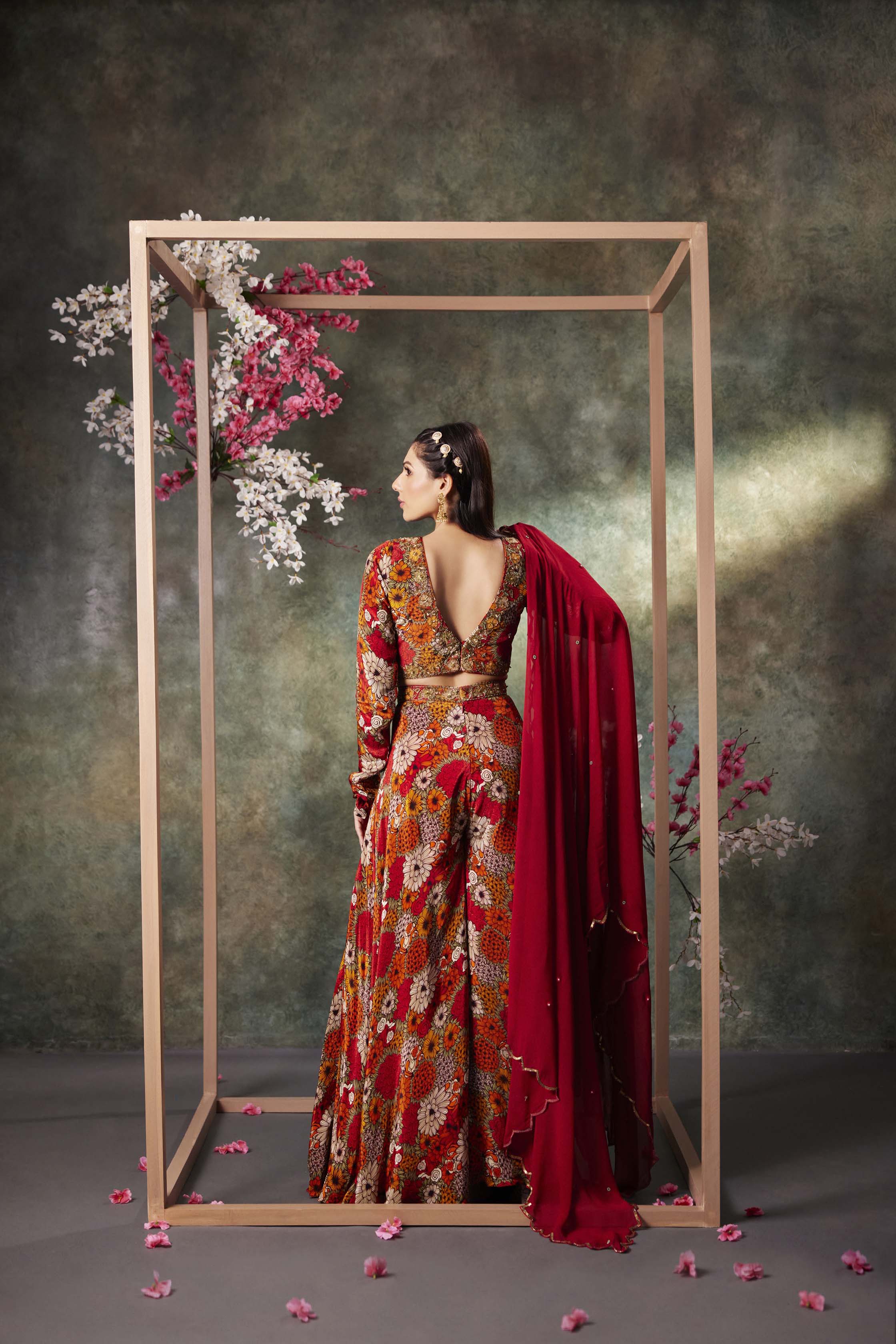 Orange Printed Choli, Pants And Dupatta Set With Embroidery - Image 3