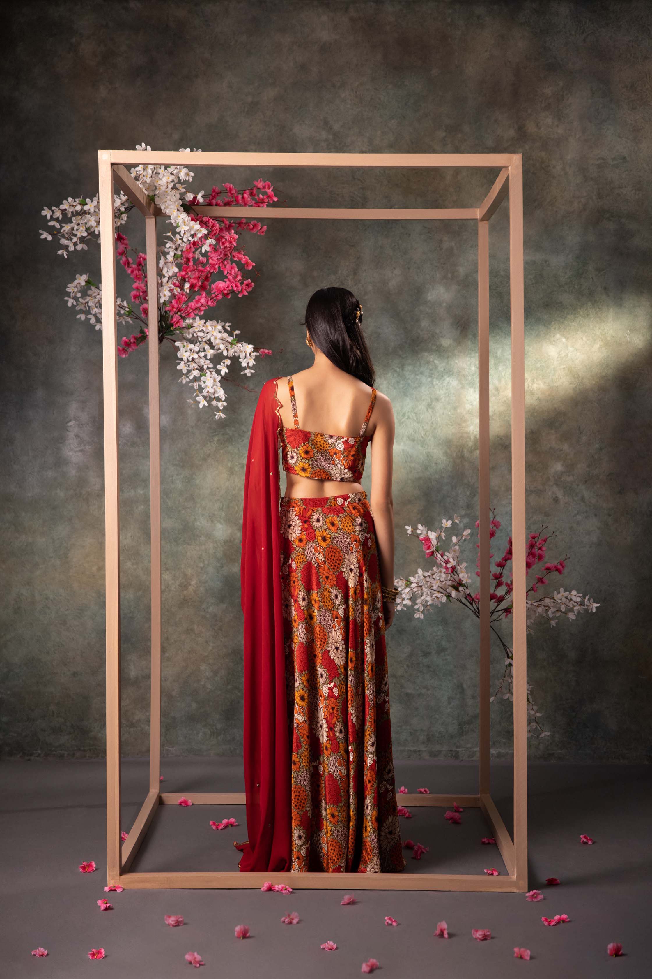 Orange Printed Choli, Skirt And Dupatta Set With Embroidery - Image 3
