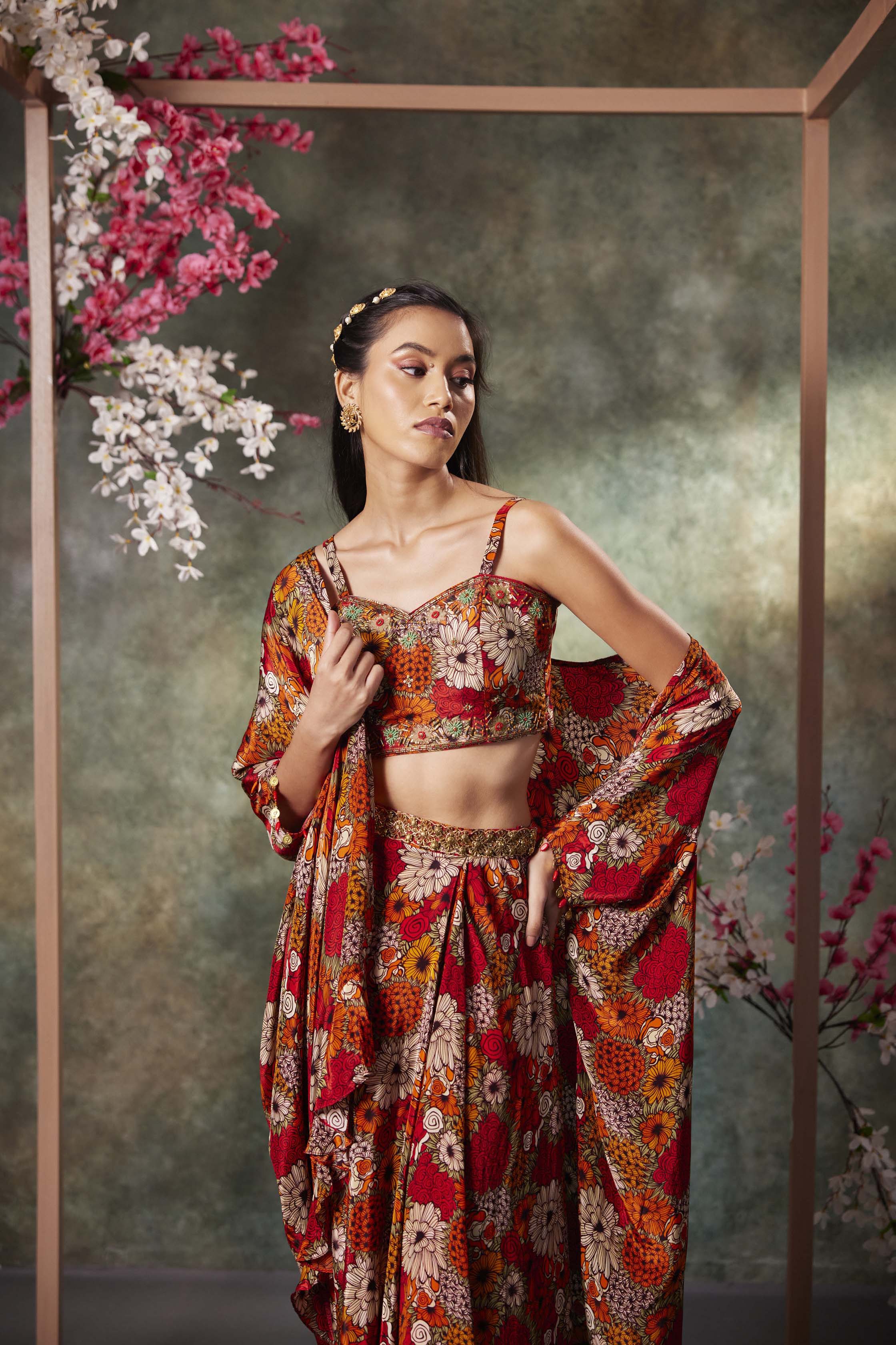 Orange Printed Choli, Skirt And Jacket Set With Embroidery - Image 2