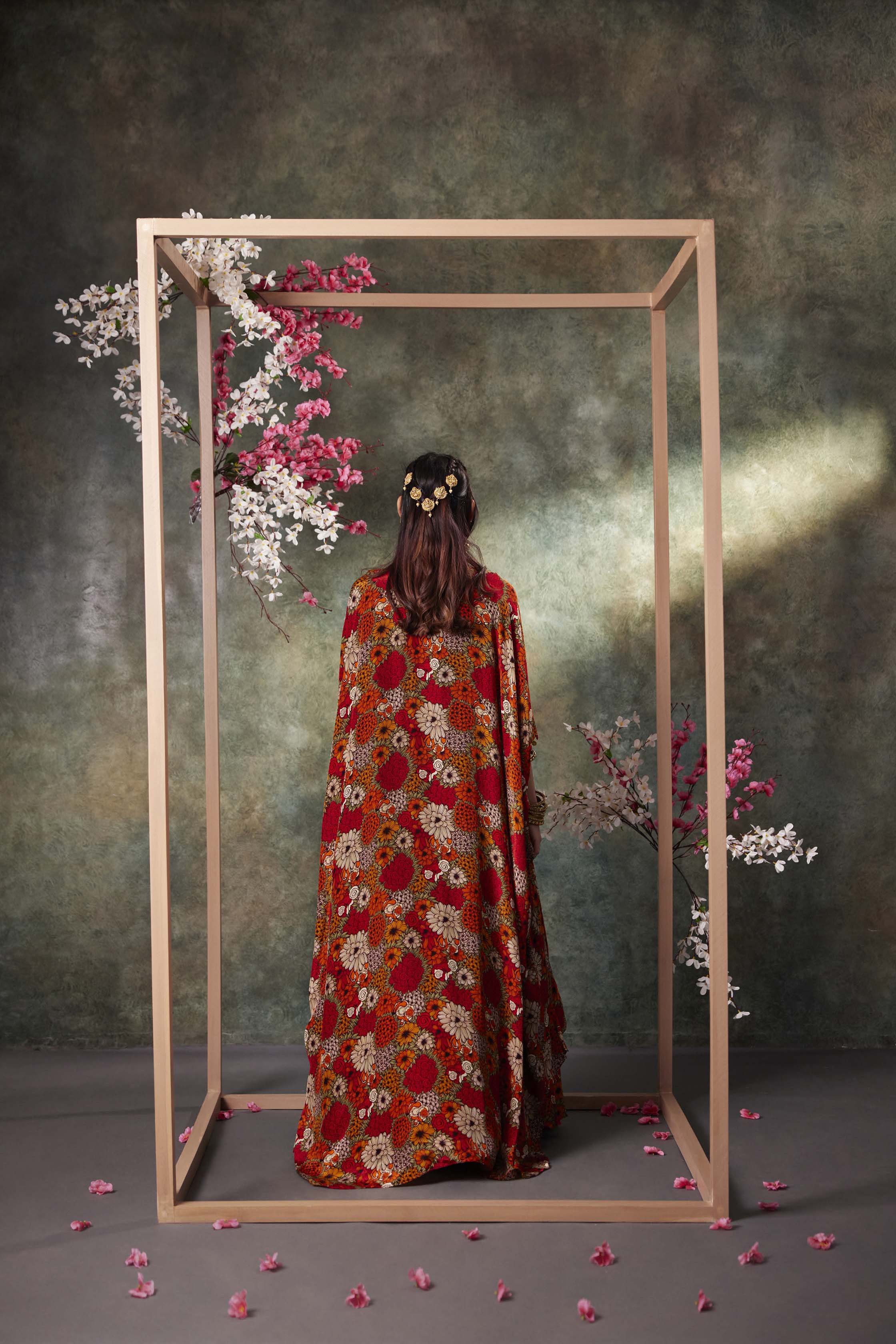 Orange Printed Choli, Skirt And Jacket Set With Embroidery - Image 3