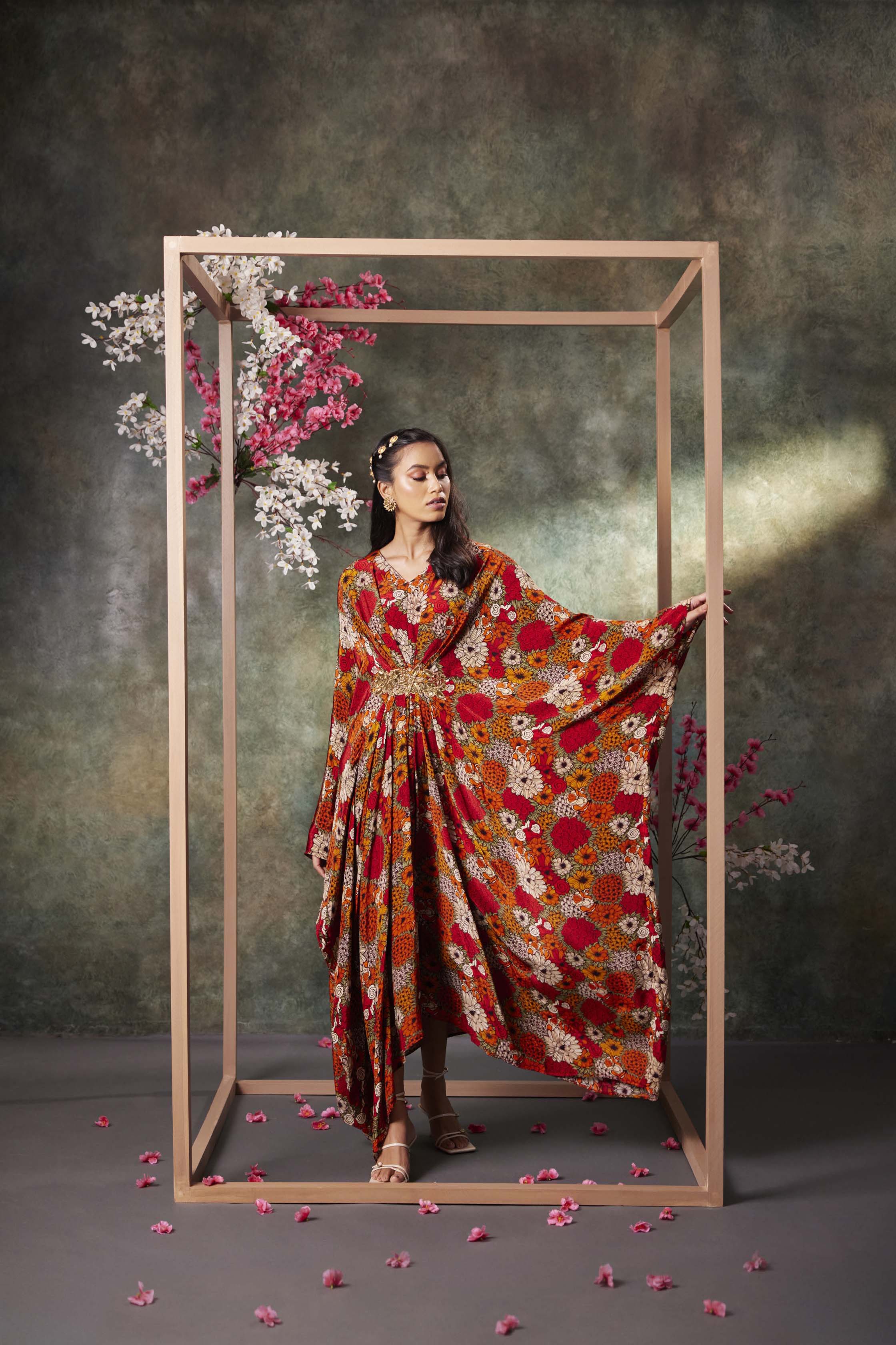 Orange Printed Kaftan With Embroidery