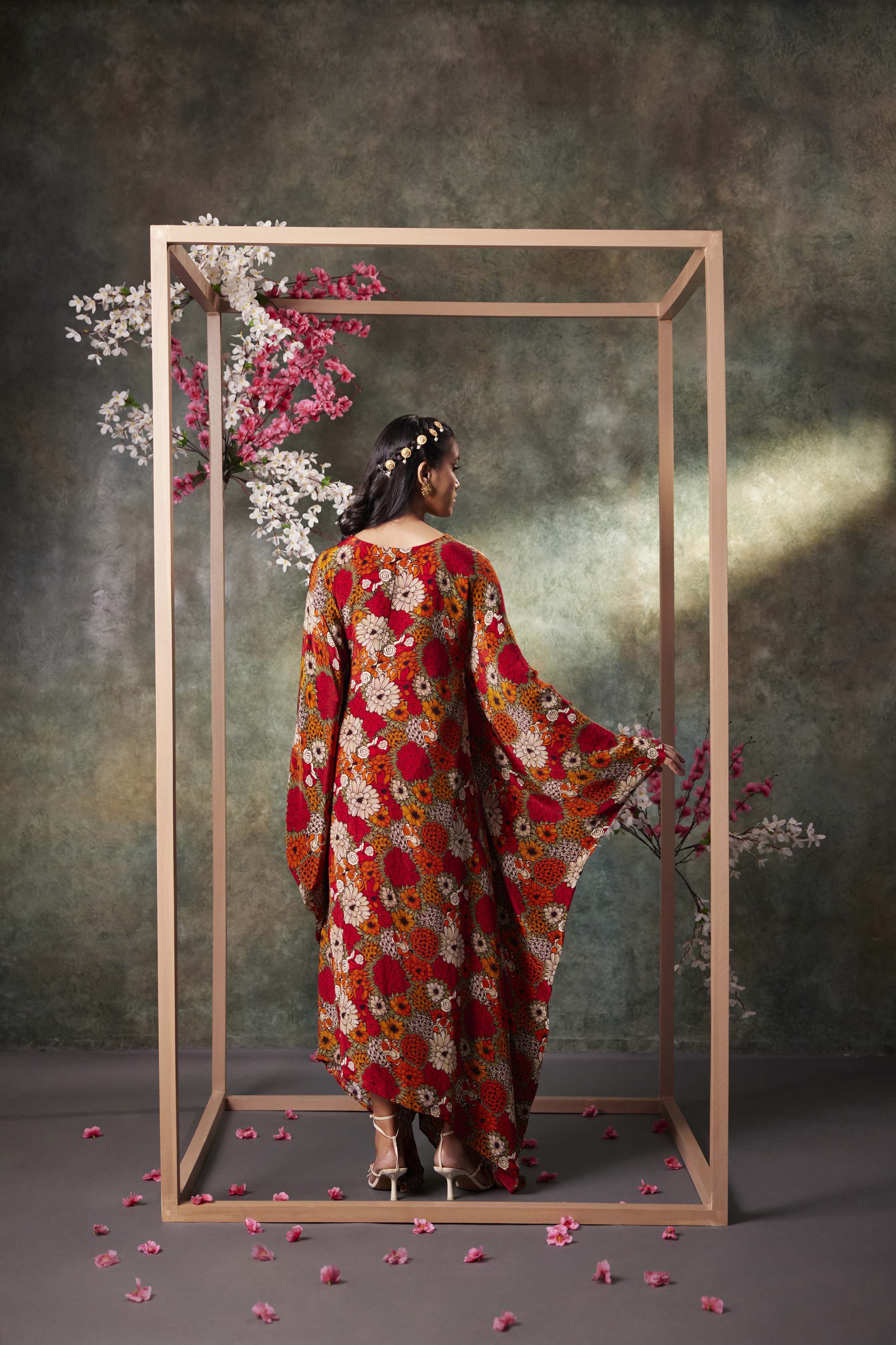 Orange Printed Kaftan With Embroidery - Image 2
