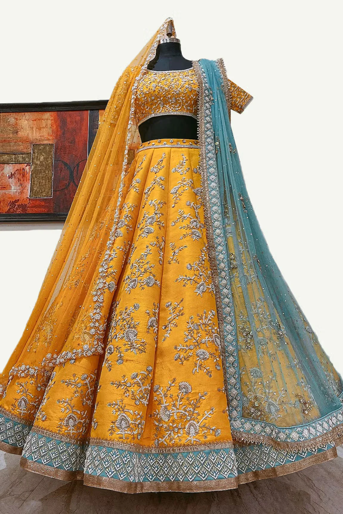 Orange Raw Silk Embroidered Lehenga Set