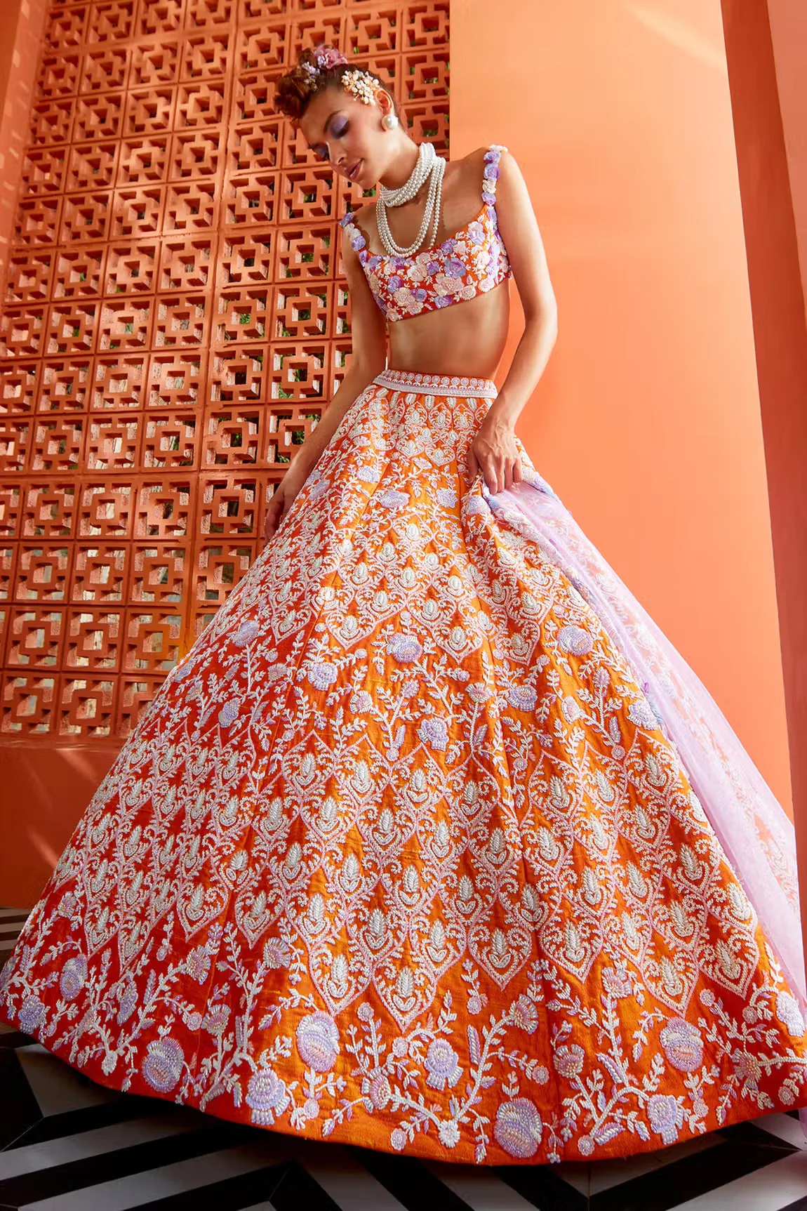 Orange Raw Silk Marigold Floral Embroidered Lehenga Set