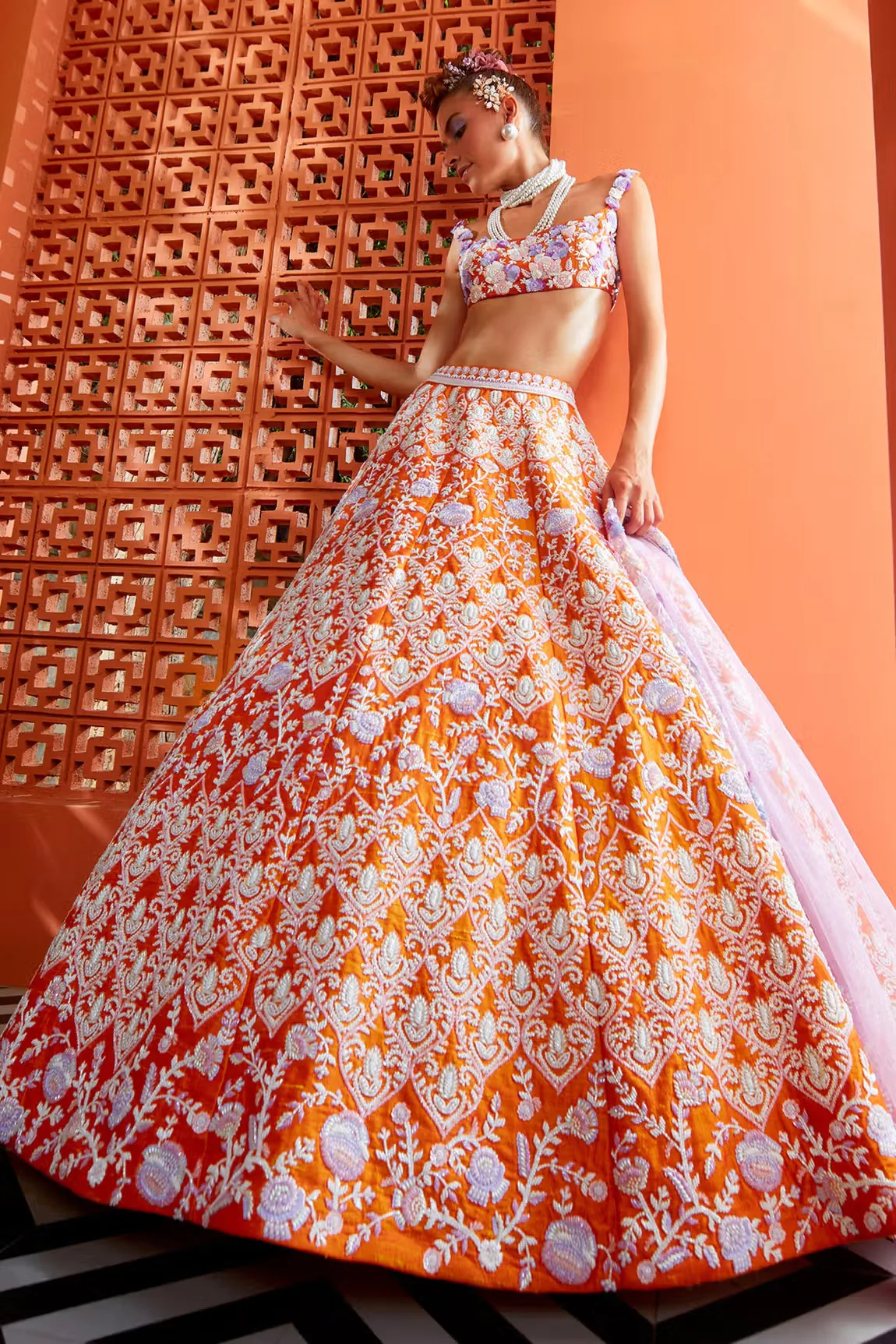 Orange Raw Silk Marigold Floral Embroidered Lehenga Set - Image 3