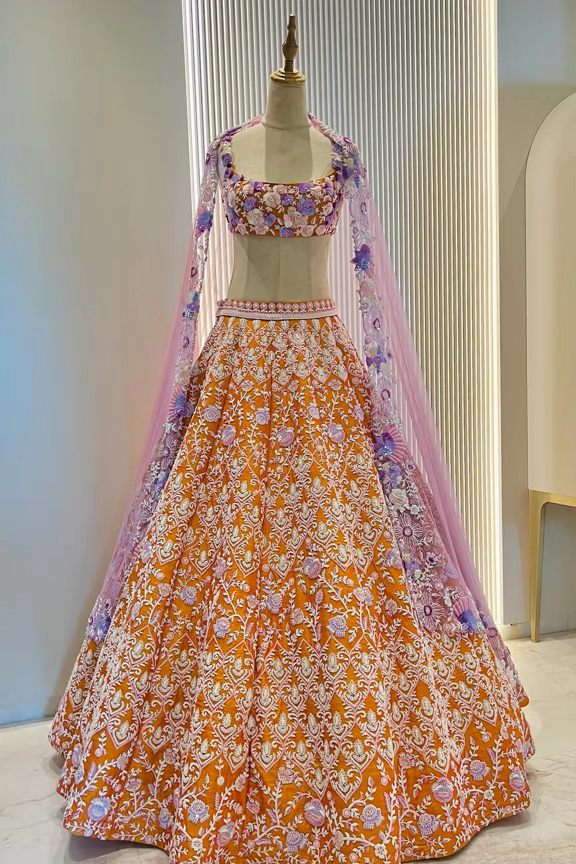 Orange Raw Silk Marigold Floral Embroidered Lehenga Set - Image 4
