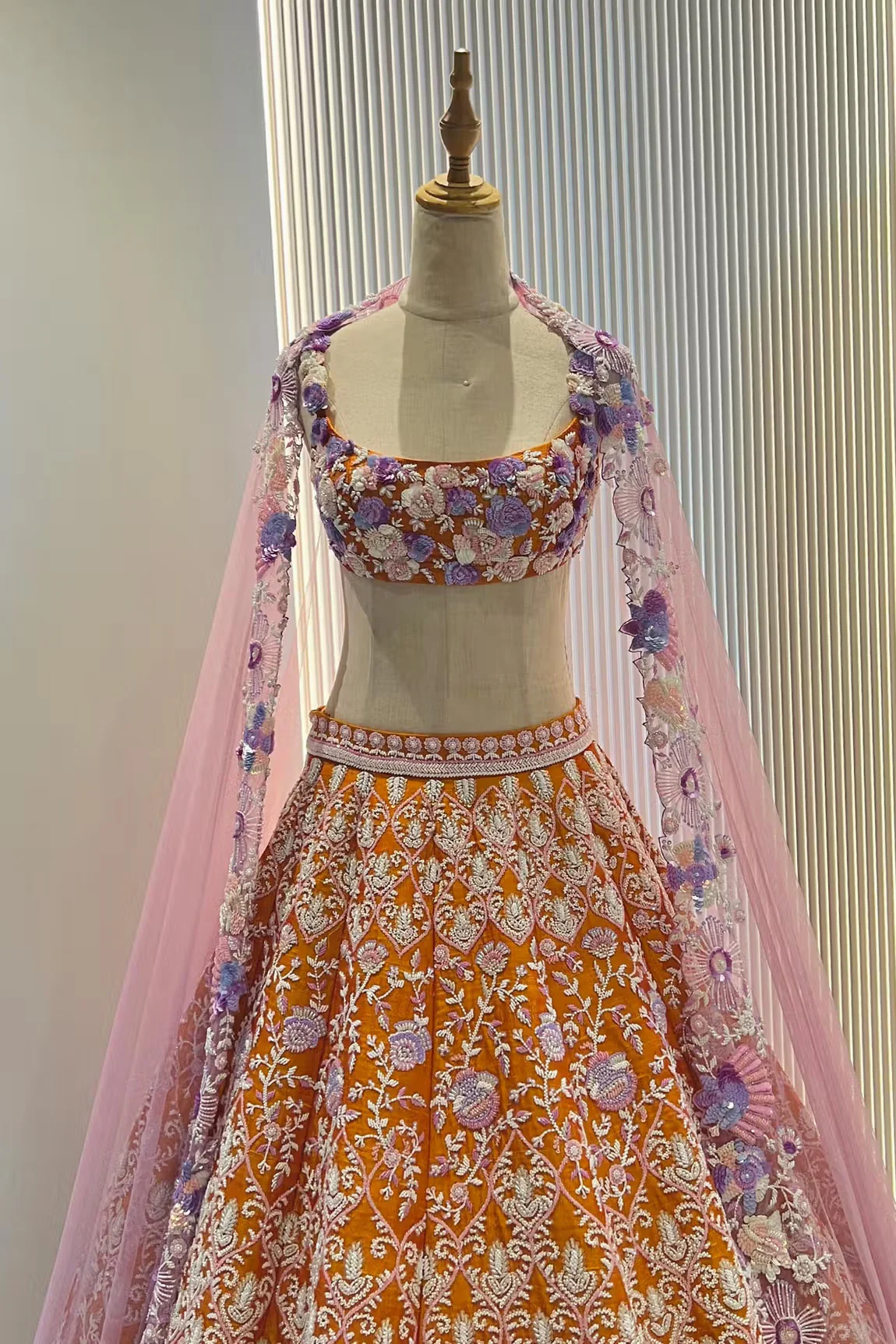 Orange Raw Silk Marigold Floral Embroidered Lehenga Set - Image 5