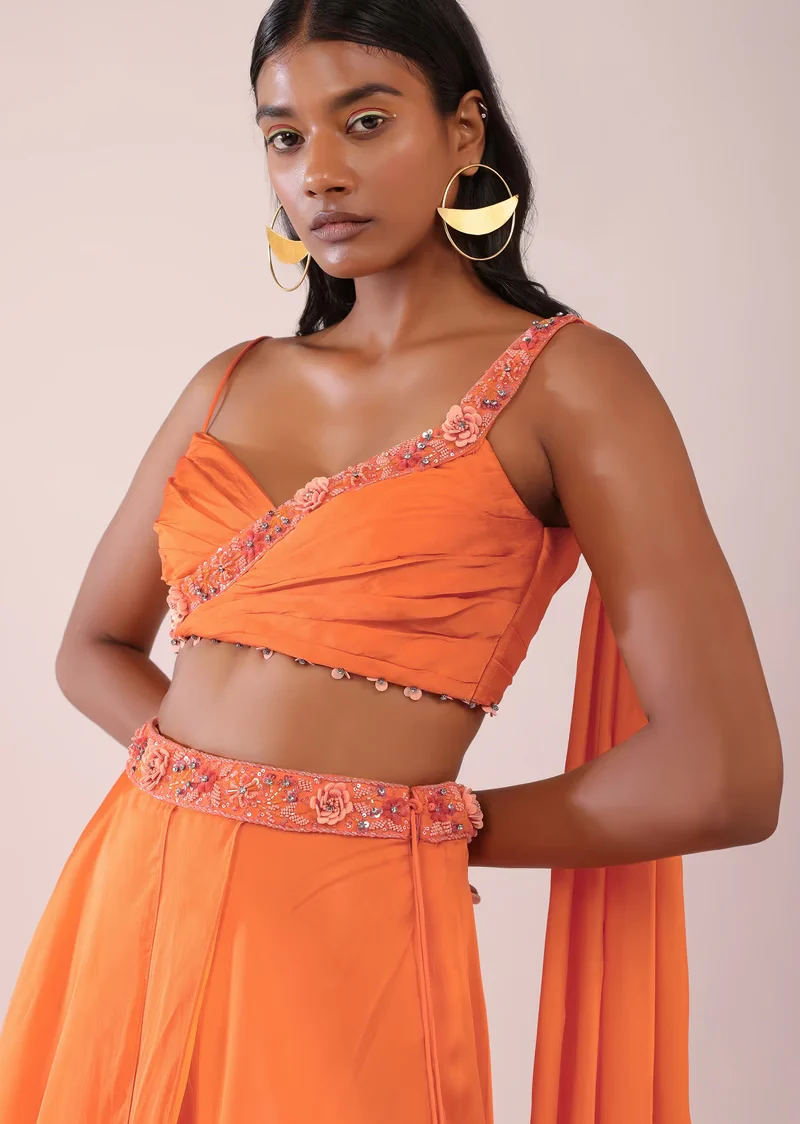 Orange Satin Organza Drape Lehenga And Blouse Set With Attached Pallu - Image 2