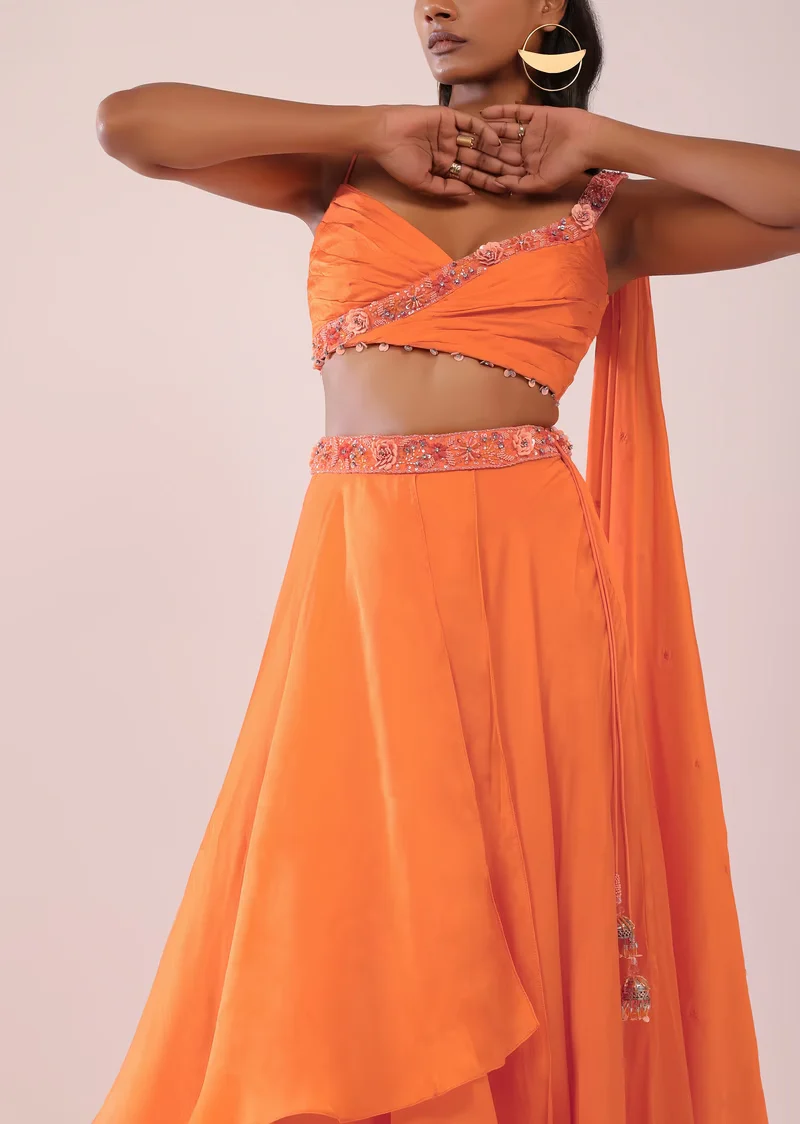 Orange Satin Organza Drape Lehenga And Blouse Set With Attached Pallu - Image 3